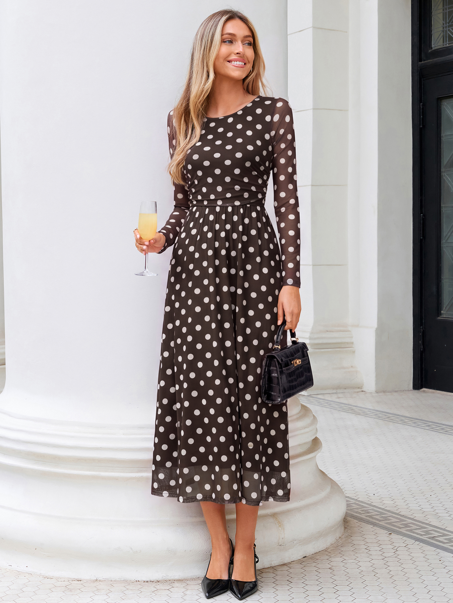 Polka Dot Print Boat Neck Sheer Sleeve Maxi Dress