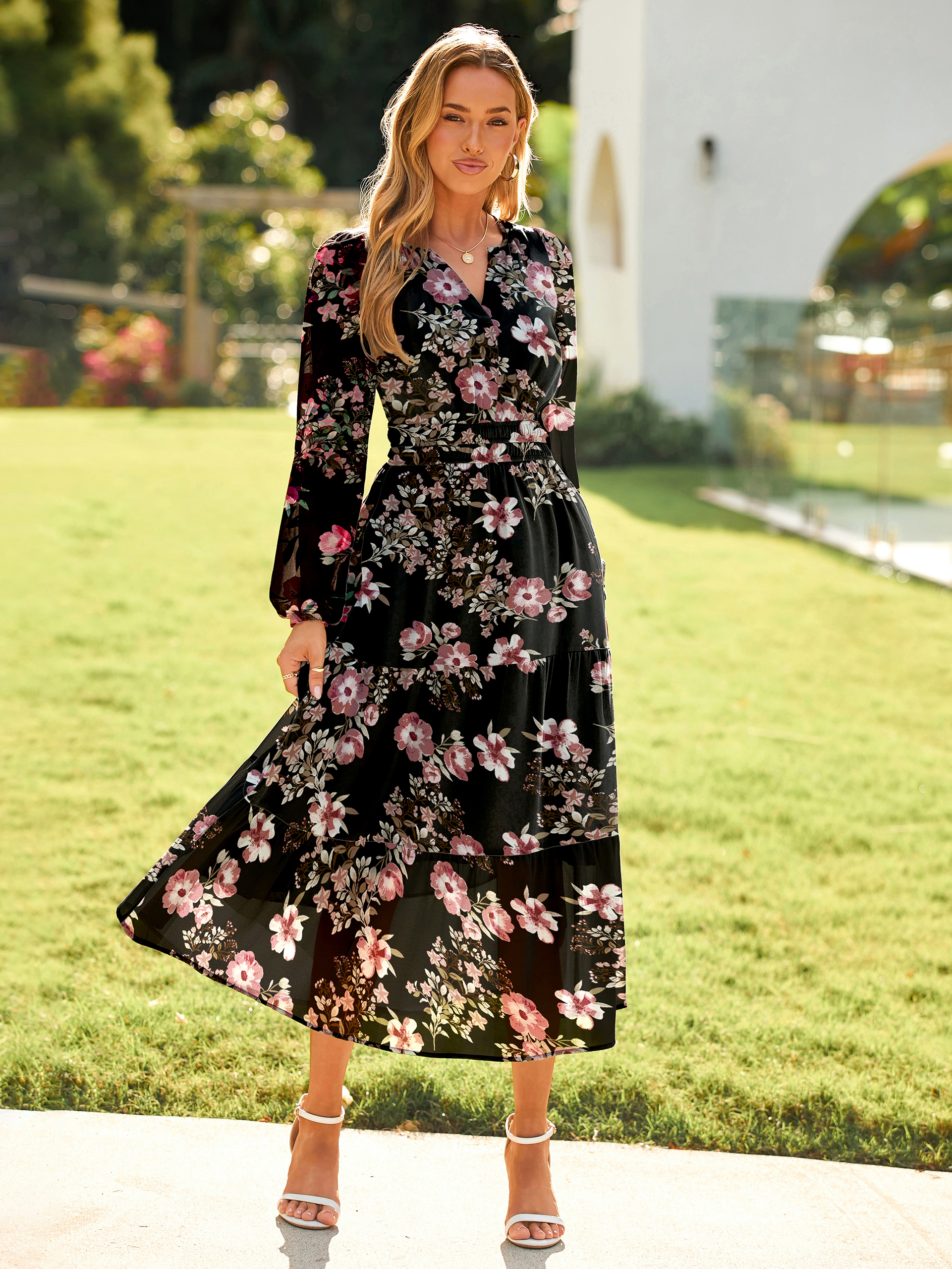 Boho Floral Long Sleeve Wedding Guest Maxi Dress