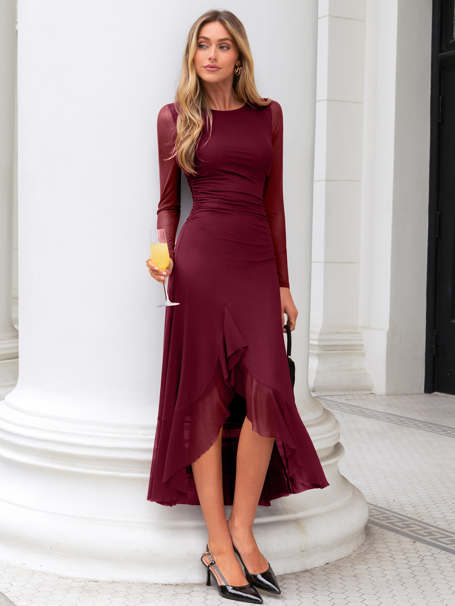 Round Neck Ruched Slit Ruffle Hem Mesh Midi Dress