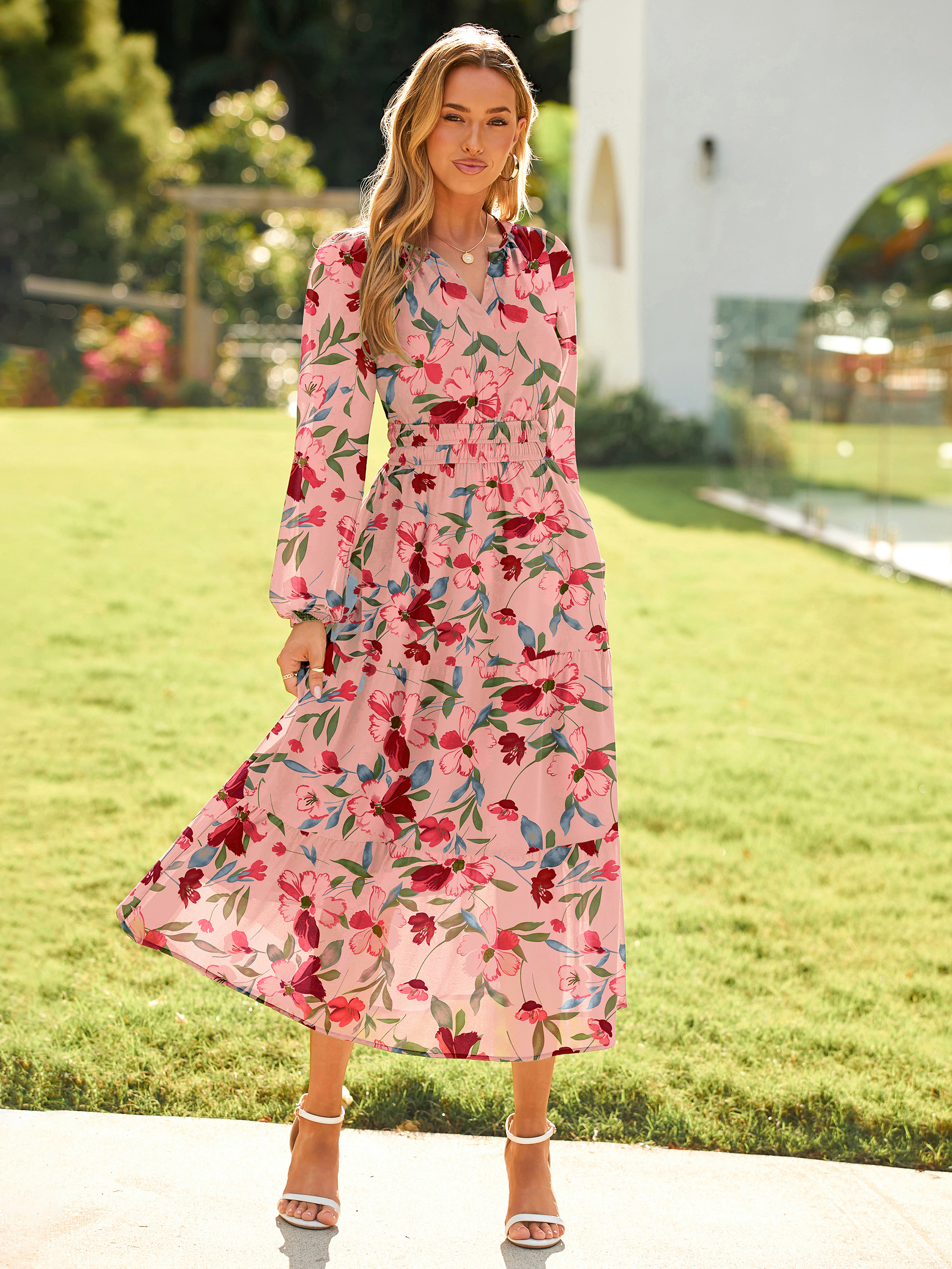 Boho Floral Long Sleeve Wedding Guest Maxi Dress