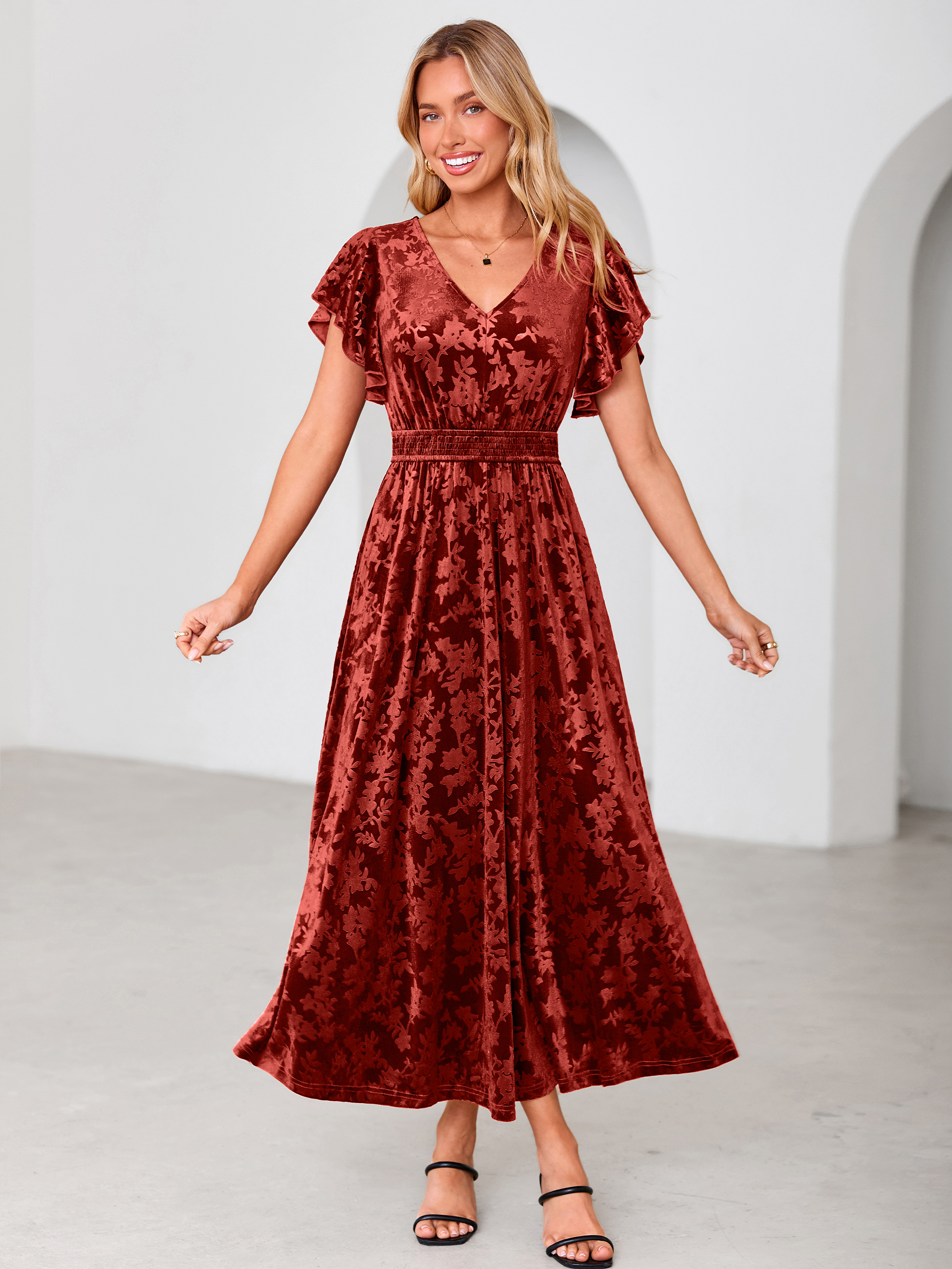 V-Neck Flutter Sleeve Burnout Velvet Maxi Dress