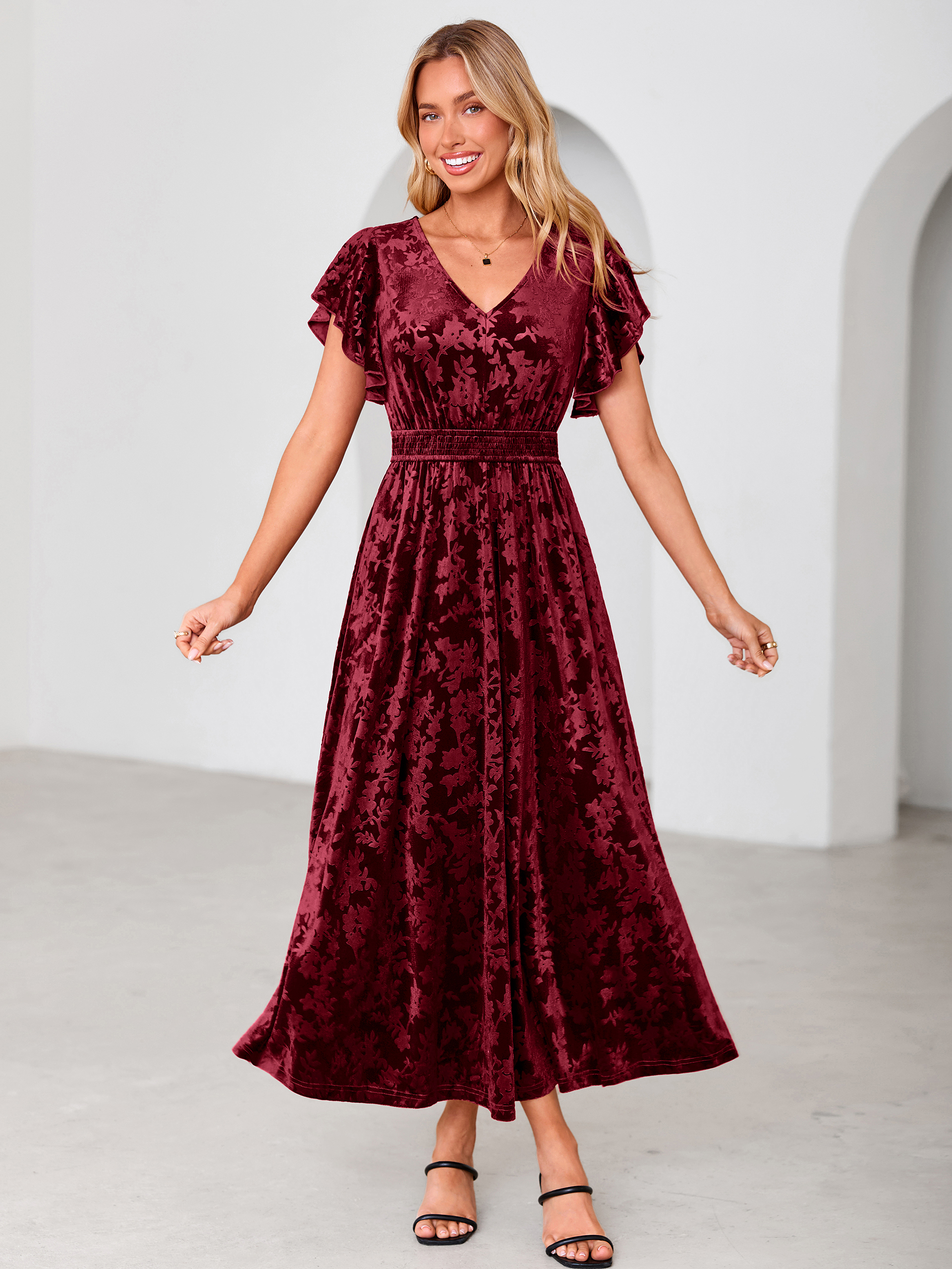 V-Neck Flutter Sleeve Burnout Velvet Maxi Dress