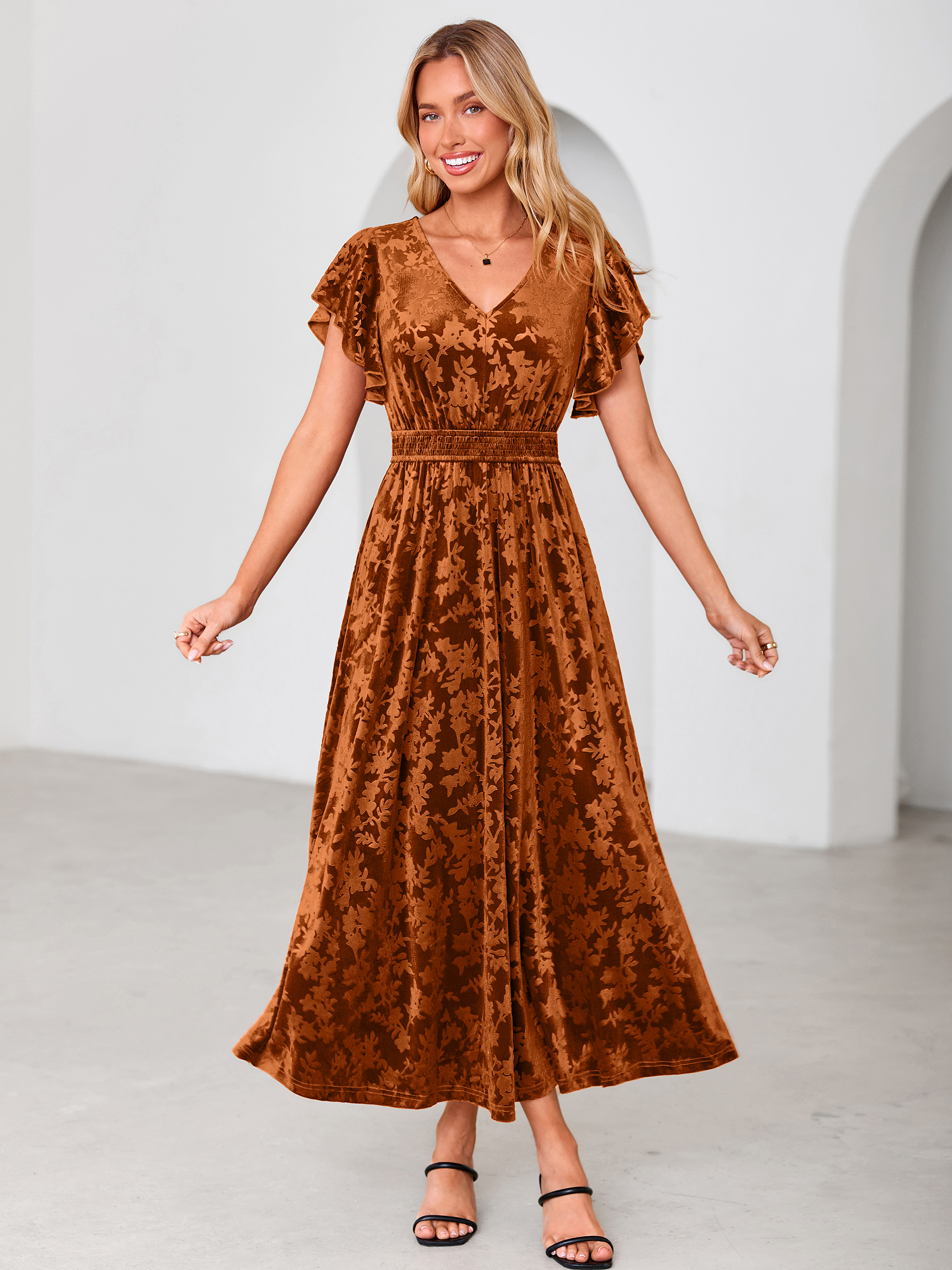 V-Neck Flutter Sleeve Burnout Velvet Maxi Dress