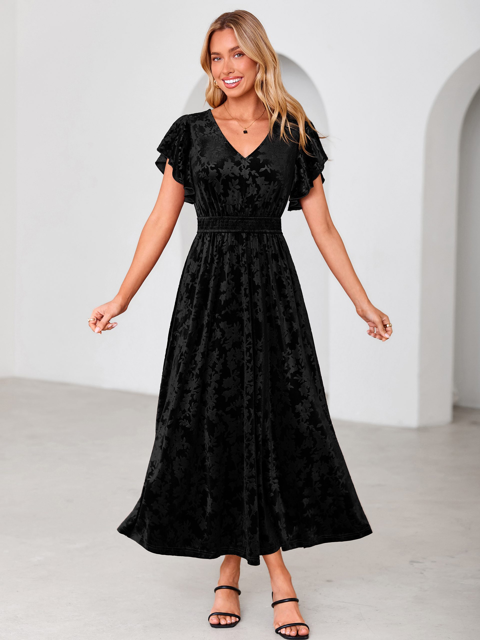 V-Neck Flutter Sleeve Burnout Velvet Maxi Dress