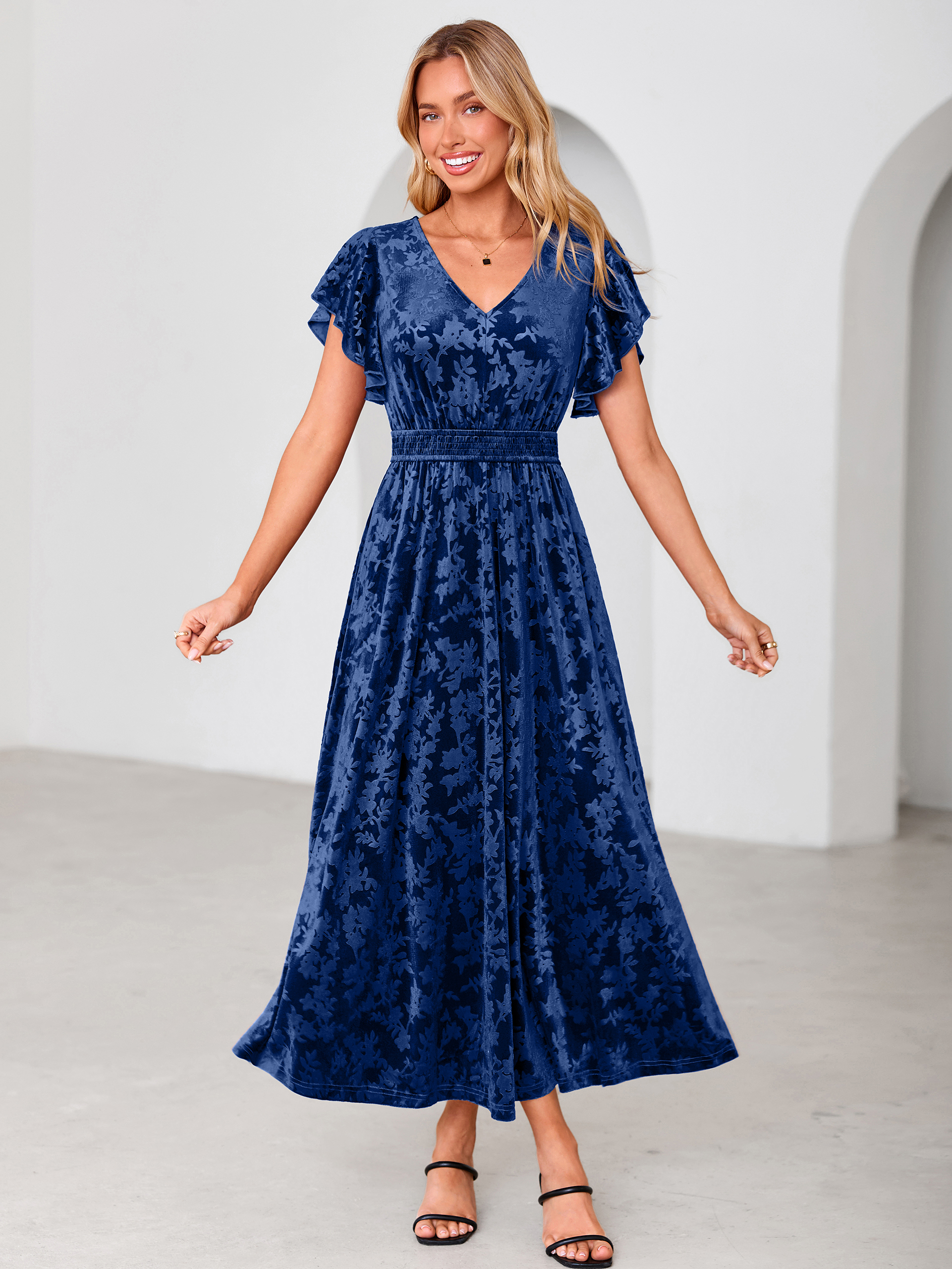V-Neck Flutter Sleeve Burnout Velvet Maxi Dress