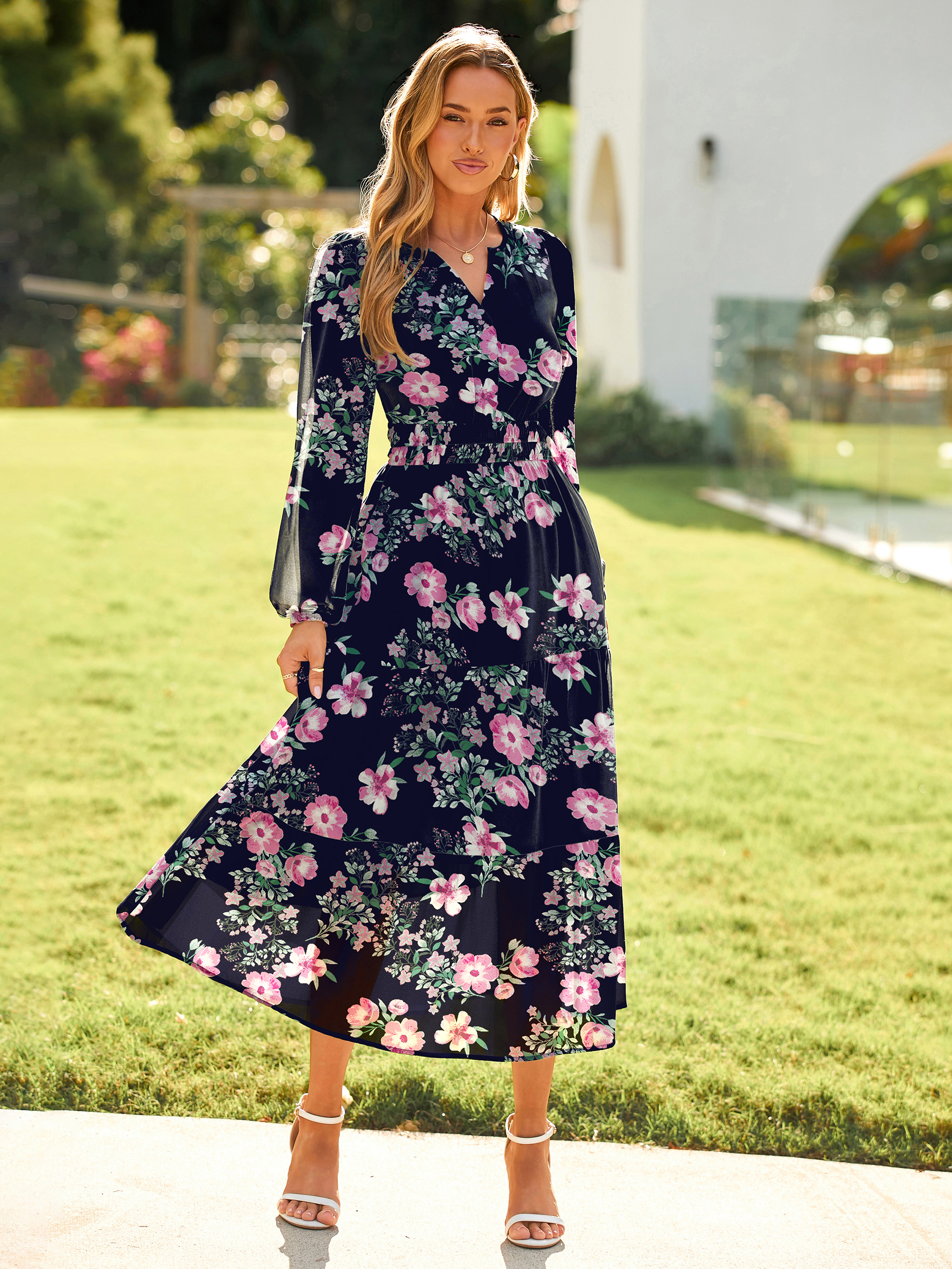 Boho Floral Long Sleeve Wedding Guest Maxi Dress