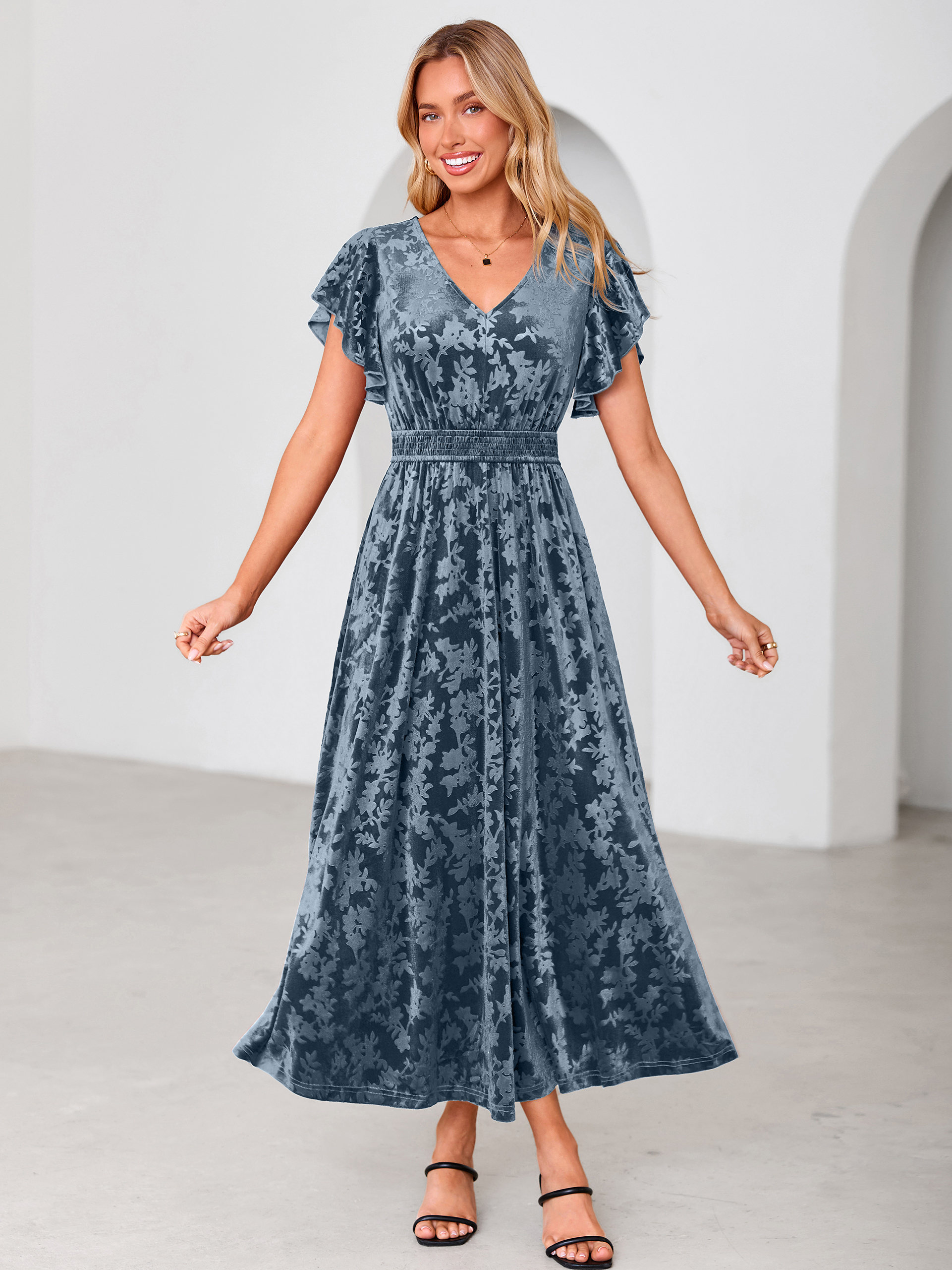 V-Neck Flutter Sleeve Burnout Velvet Maxi Dress
