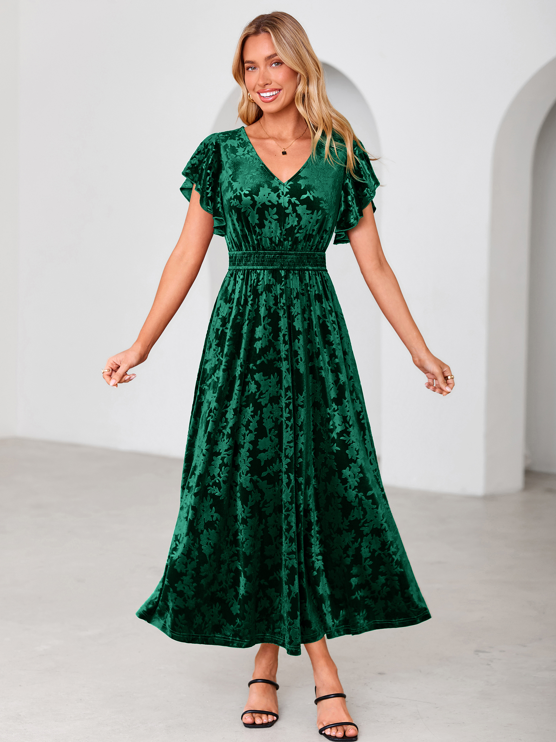 V-Neck Flutter Sleeve Burnout Velvet Maxi Dress
