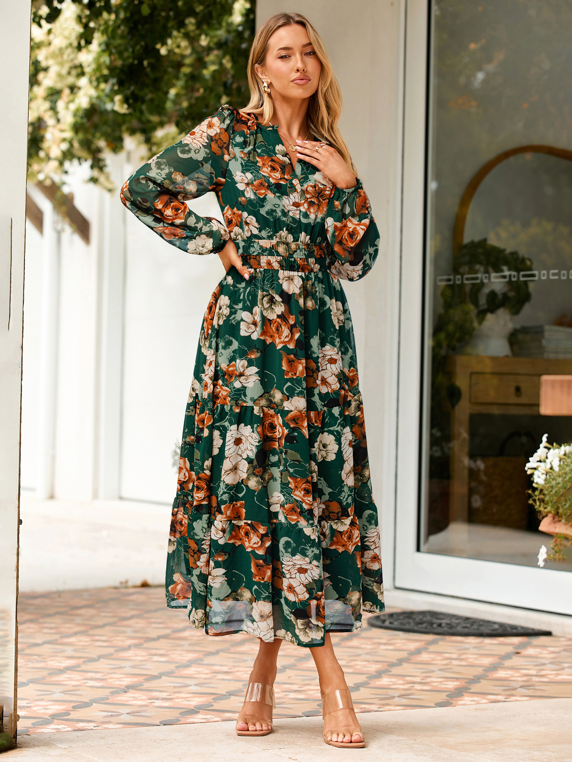 Boho Floral Long Sleeve Wedding Guest Maxi Dress