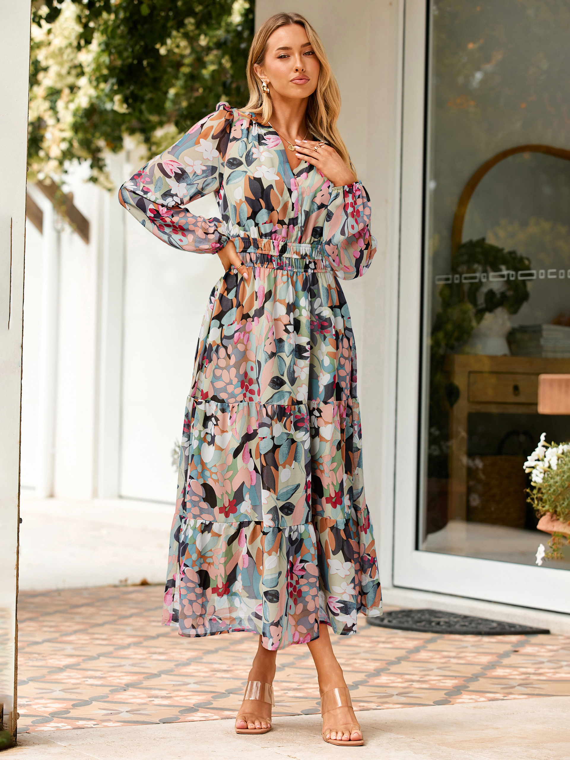 Boho Floral Long Sleeve Wedding Guest Maxi Dress