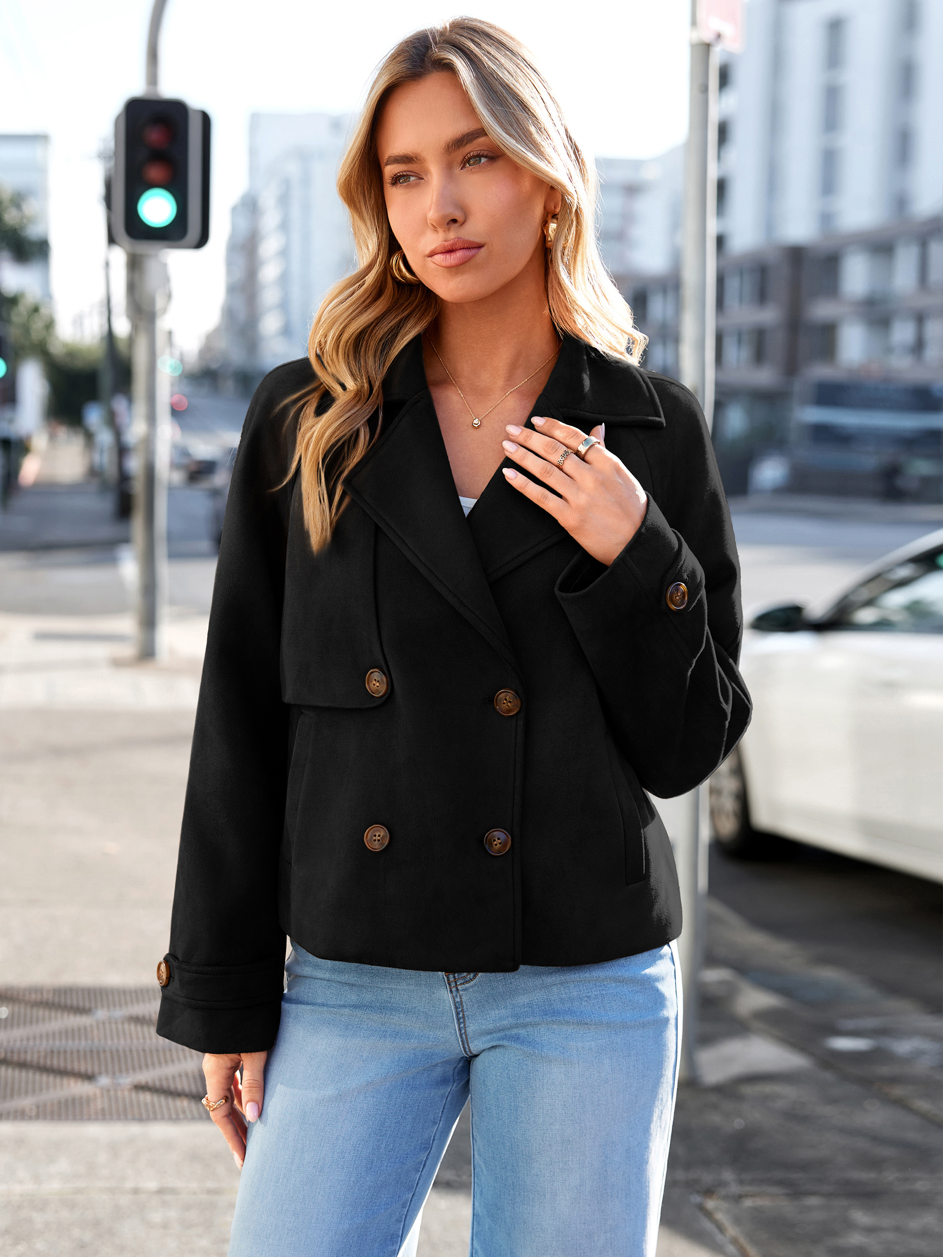Faux Suede Notch Collar Double Breasted Jacket