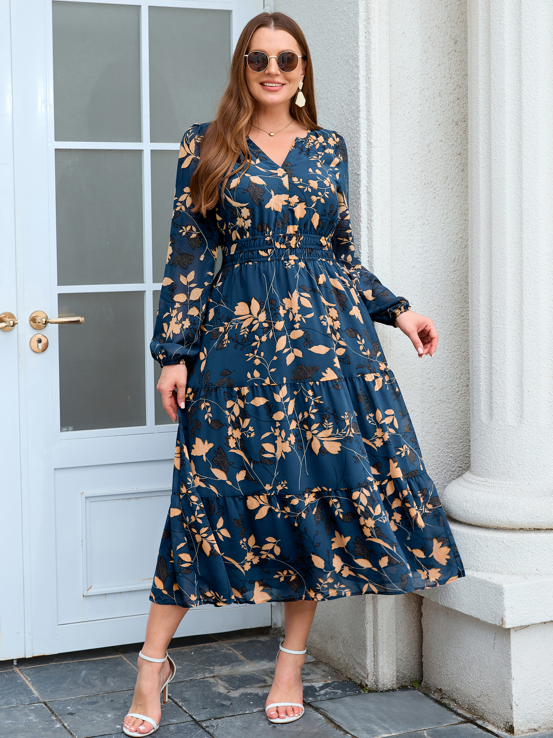 Plus Size V-Neck Long Sleeve Floral Chiffon Maxi Dress - Blue Green Leaf