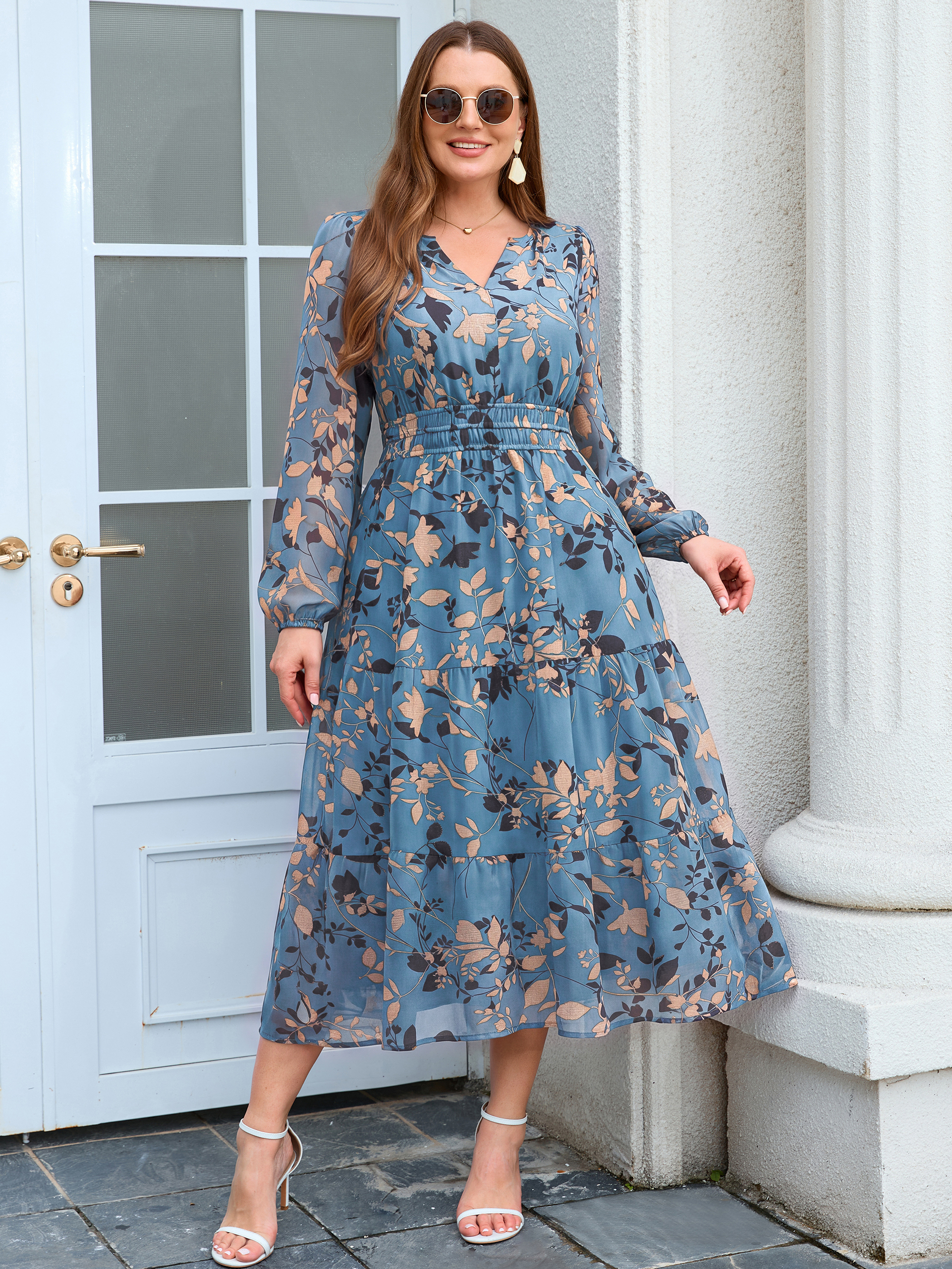 Plus Size V-Neck Long Sleeve Floral Chiffon Maxi Dress - Grey Blue Leaf