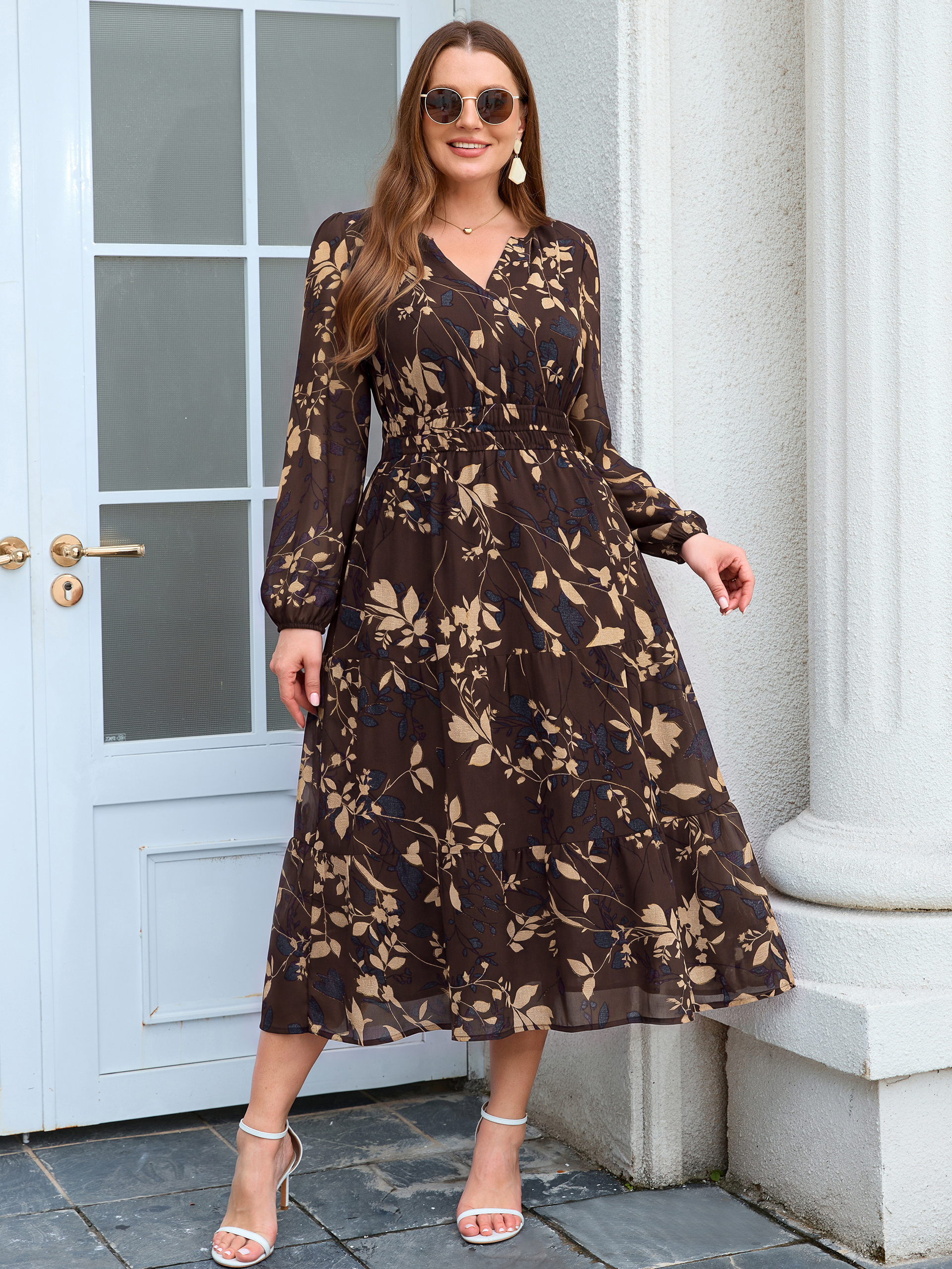 Plus Size V-Neck Long Sleeve Floral Chiffon Maxi Dress - Brown Leaf