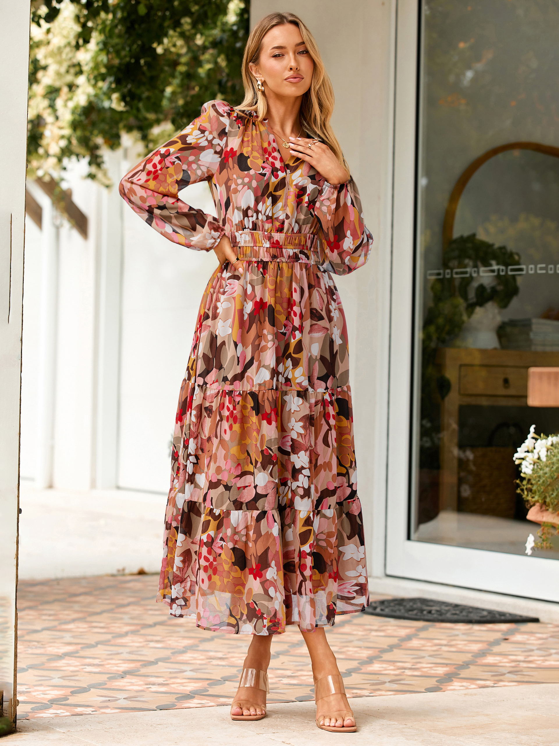 Boho Floral Long Sleeve Wedding Guest Maxi Dress