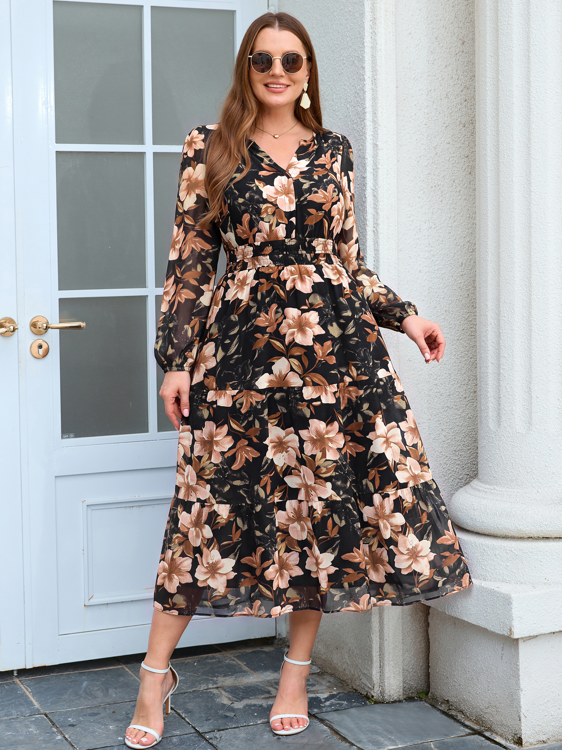 Plus Size V-Neck Long Sleeve Floral Chiffon Maxi Dress - Black Floral