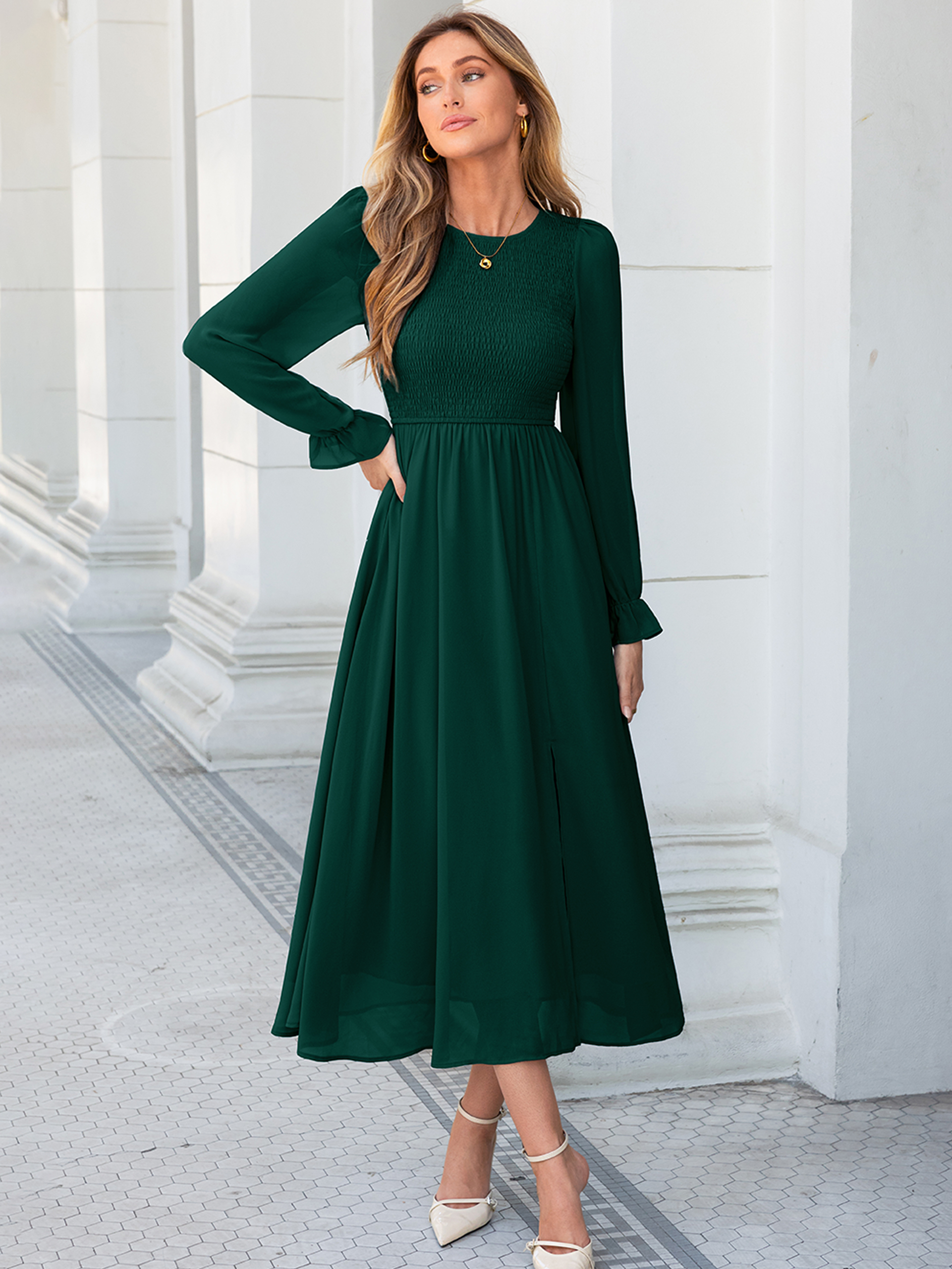 Smocked Bodice Crew Neck Long Sleeve Chiffon Maxi Dress