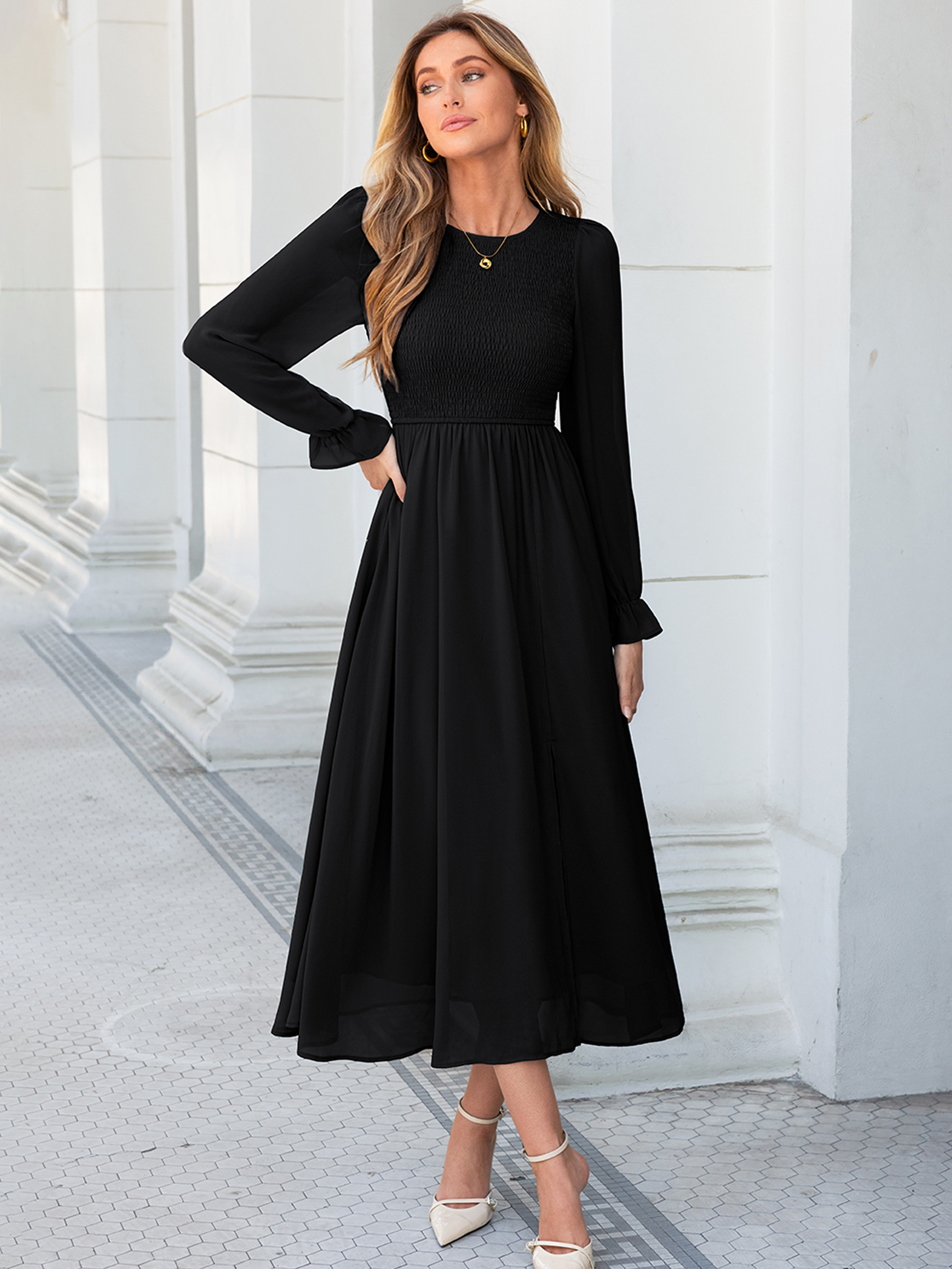 Smocked Bodice Crew Neck Long Sleeve Chiffon Maxi Dress