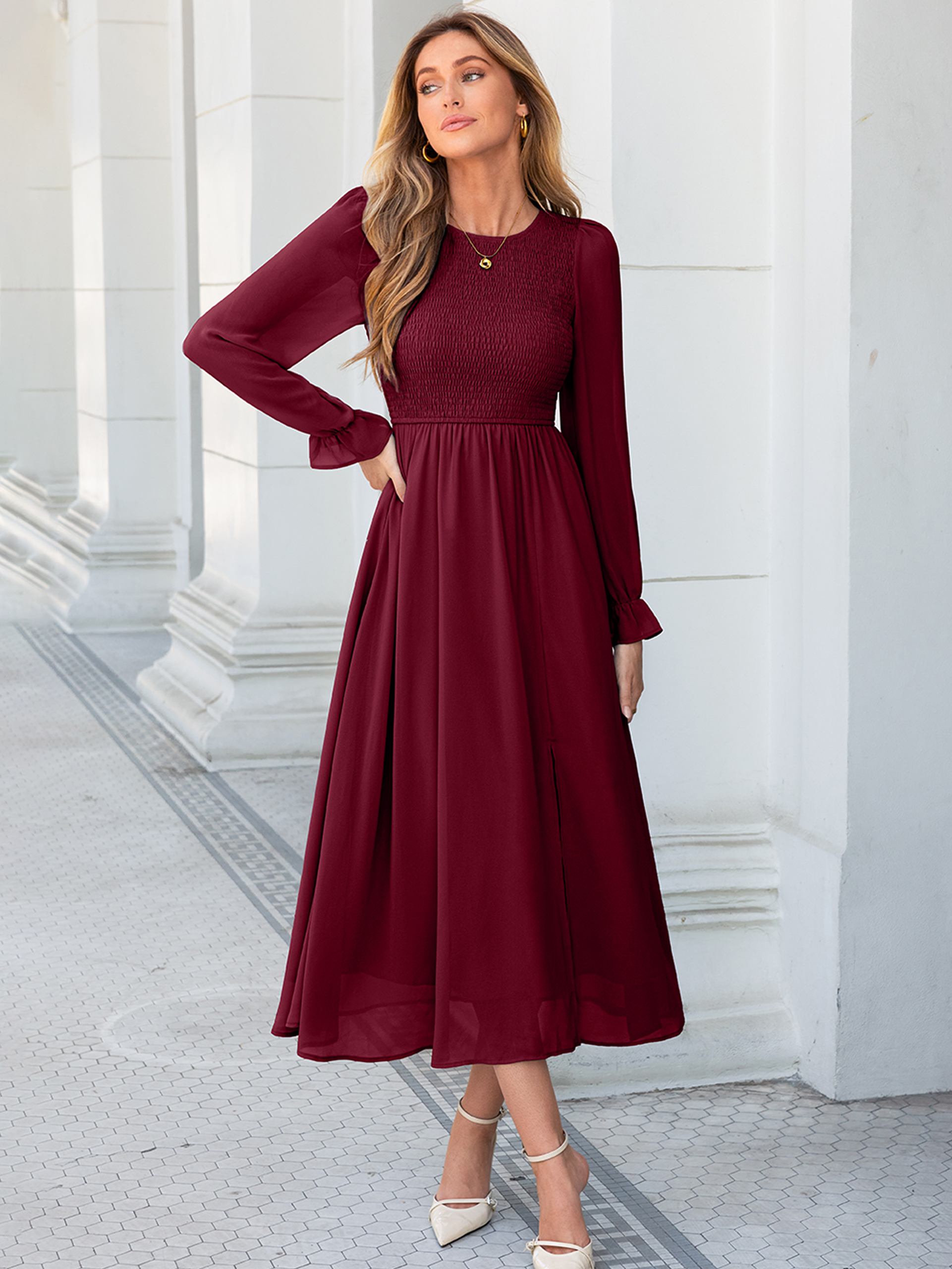 Smocked Bodice Crew Neck Long Sleeve Chiffon Maxi Dress