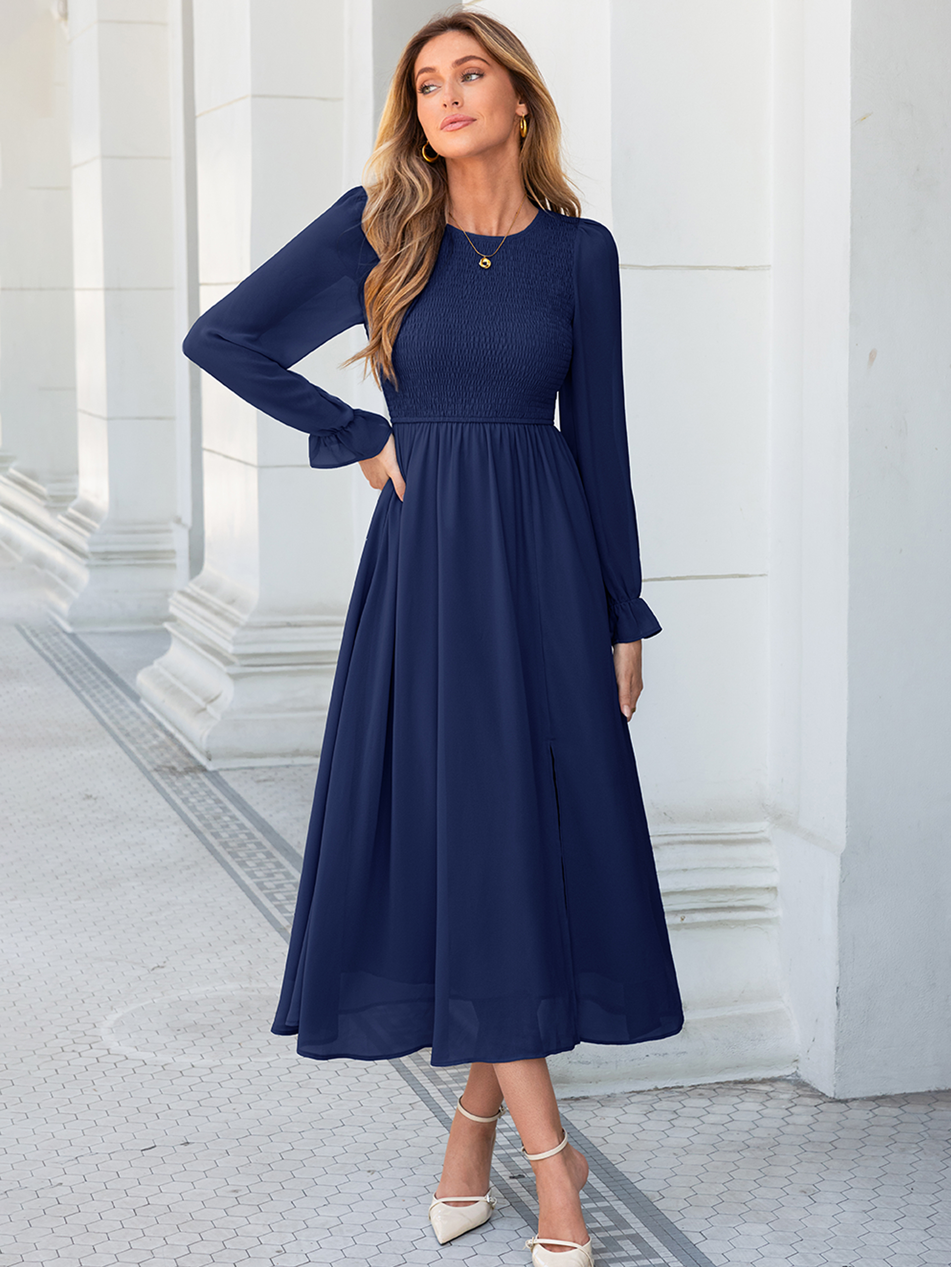 Smocked Bodice Crew Neck Long Sleeve Chiffon Maxi Dress