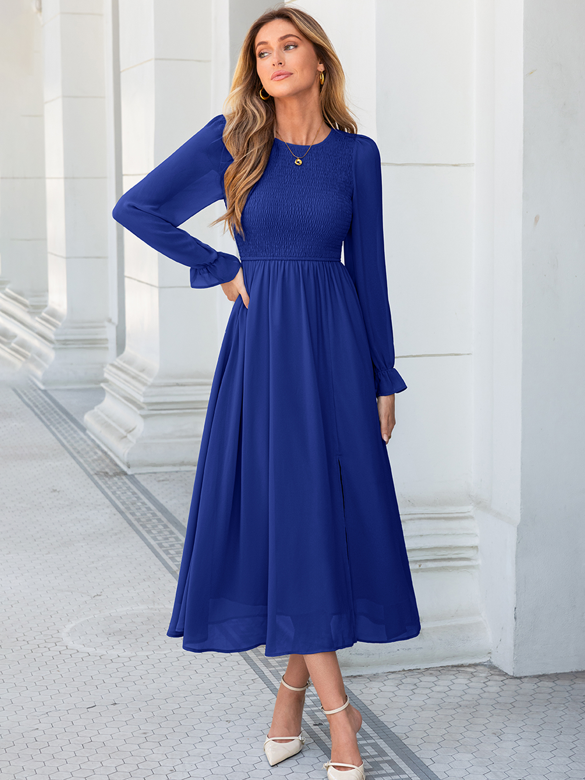 Smocked Bodice Crew Neck Long Sleeve Chiffon Maxi Dress