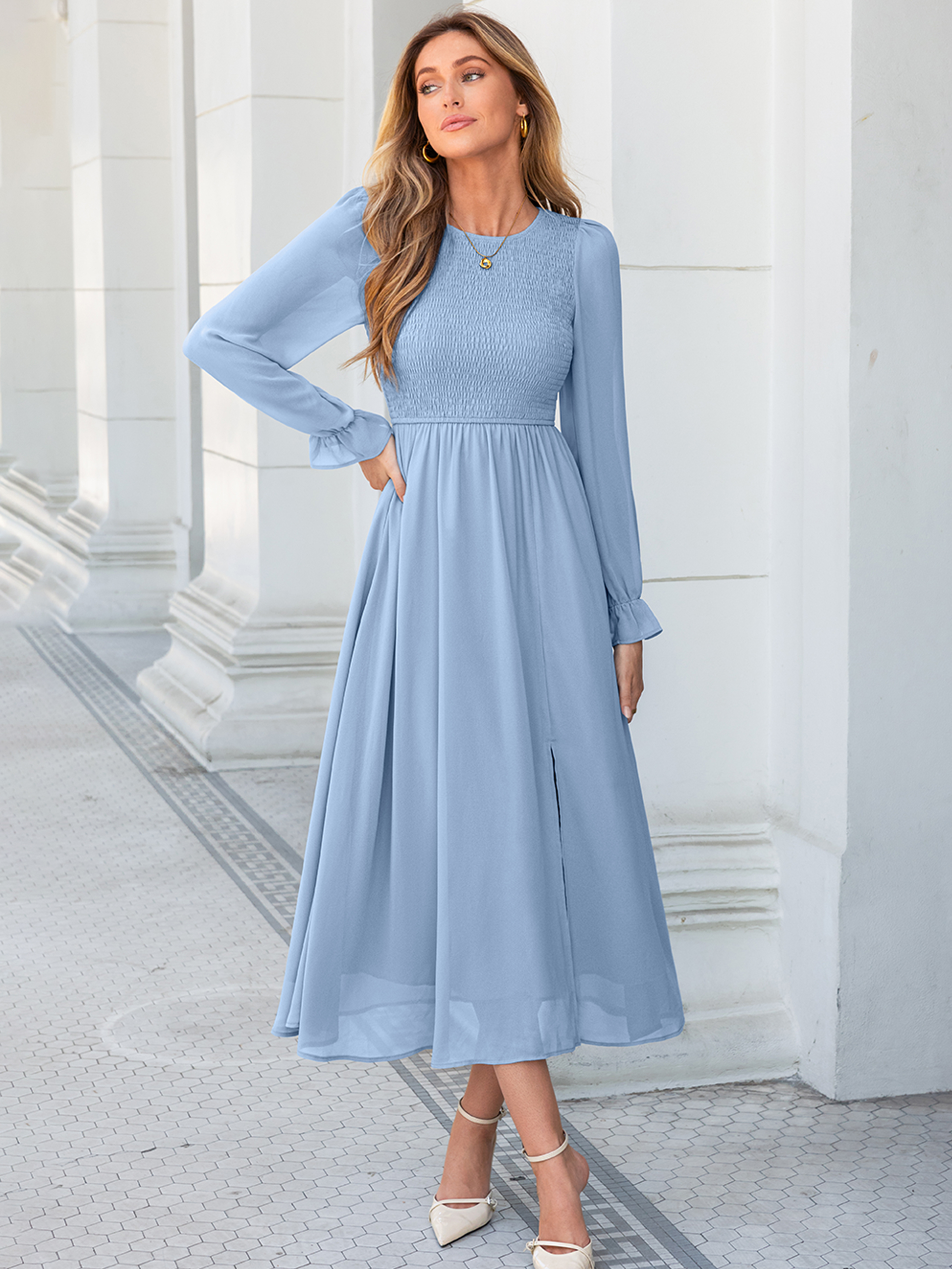 Smocked Bodice Crew Neck Long Sleeve Chiffon Maxi Dress