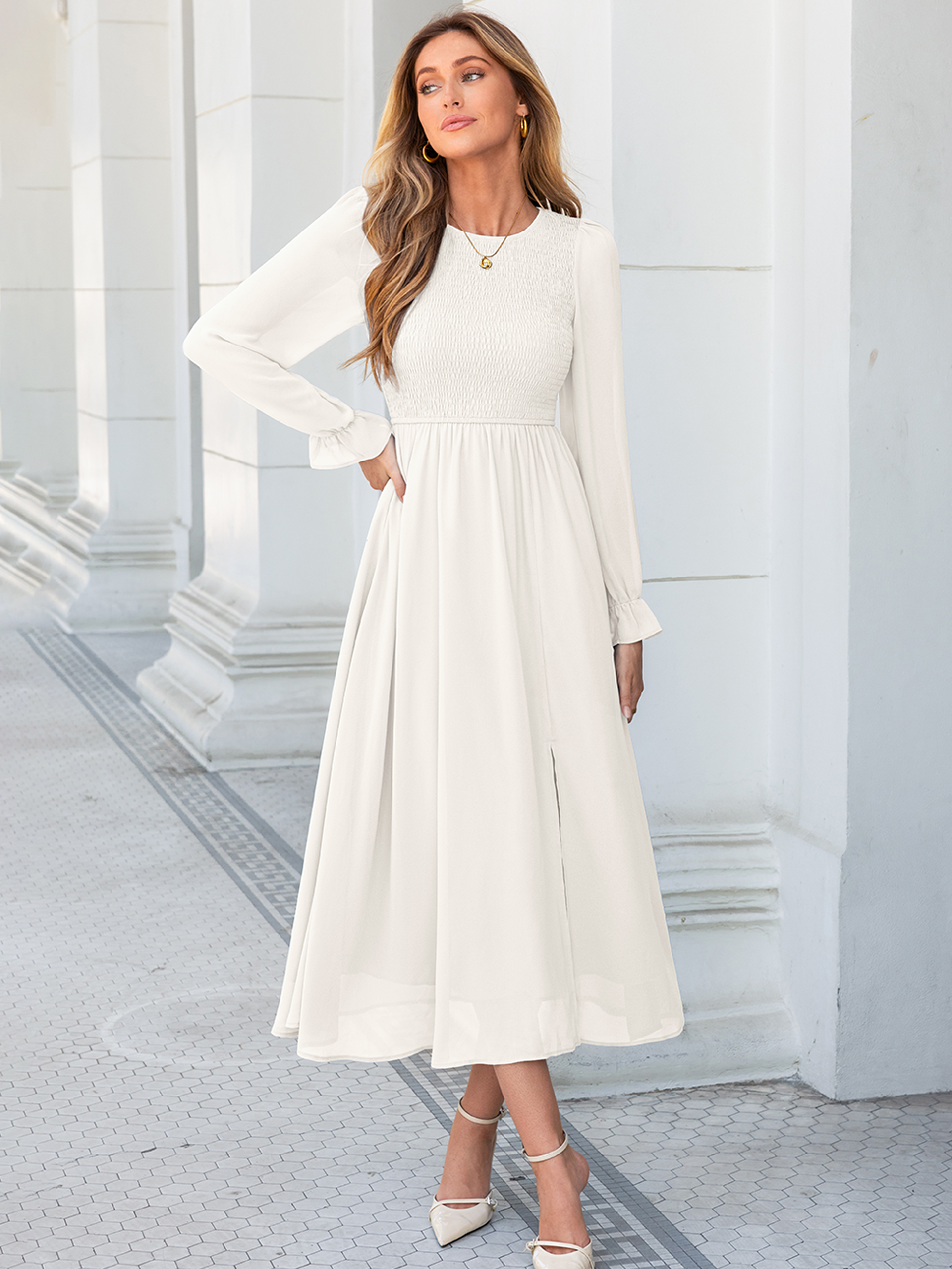 Smocked Bodice Crew Neck Long Sleeve Chiffon Maxi Dress