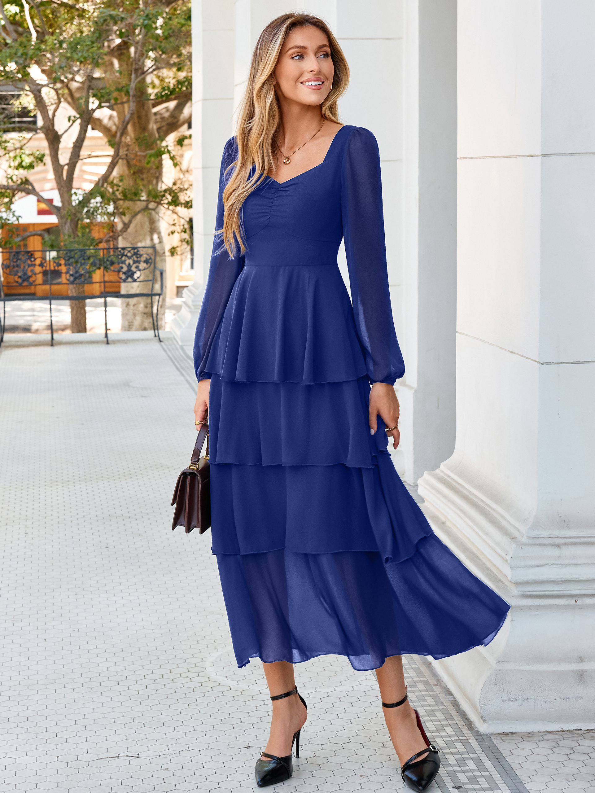 Sweetheart Ruched Long Sleeve Tiered Chiffon Maxi Dress