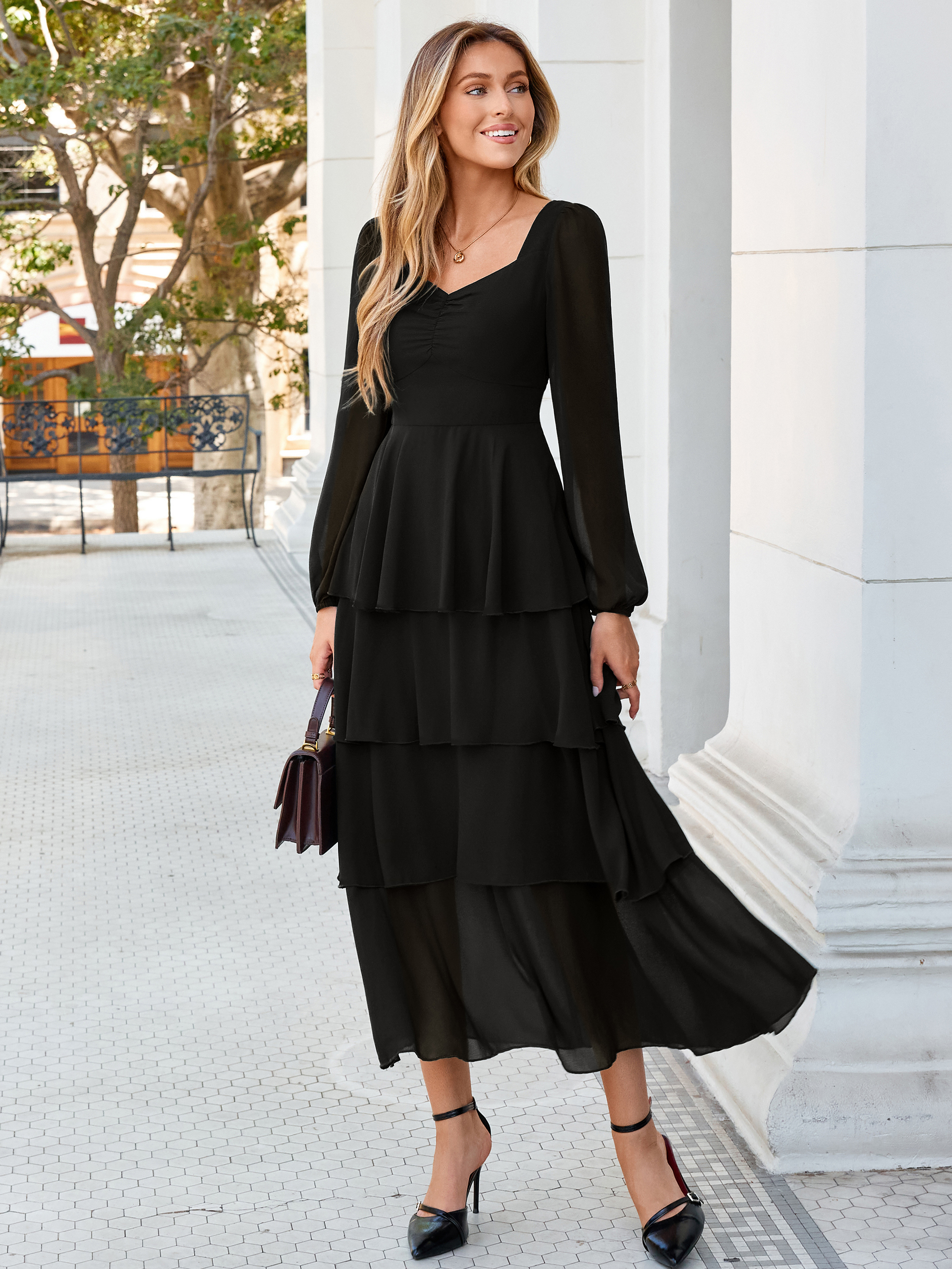 Sweetheart Ruched Long Sleeve Tiered Chiffon Maxi Dress