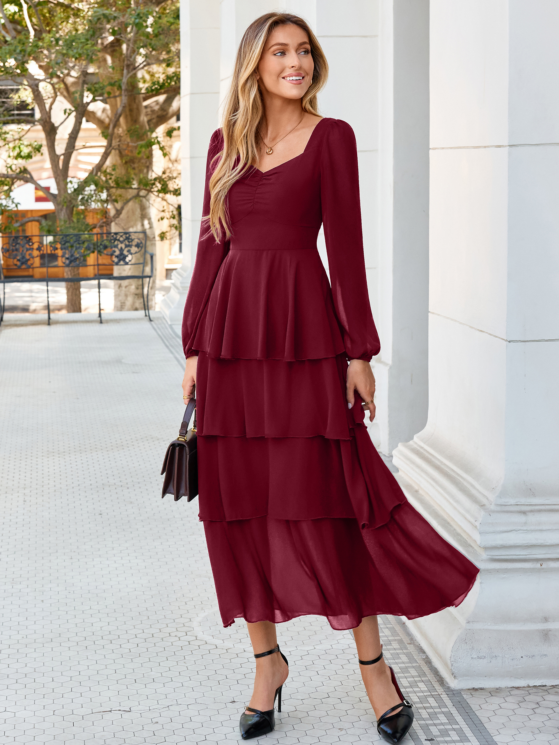 Sweetheart Ruched Long Sleeve Tiered Chiffon Maxi Dress