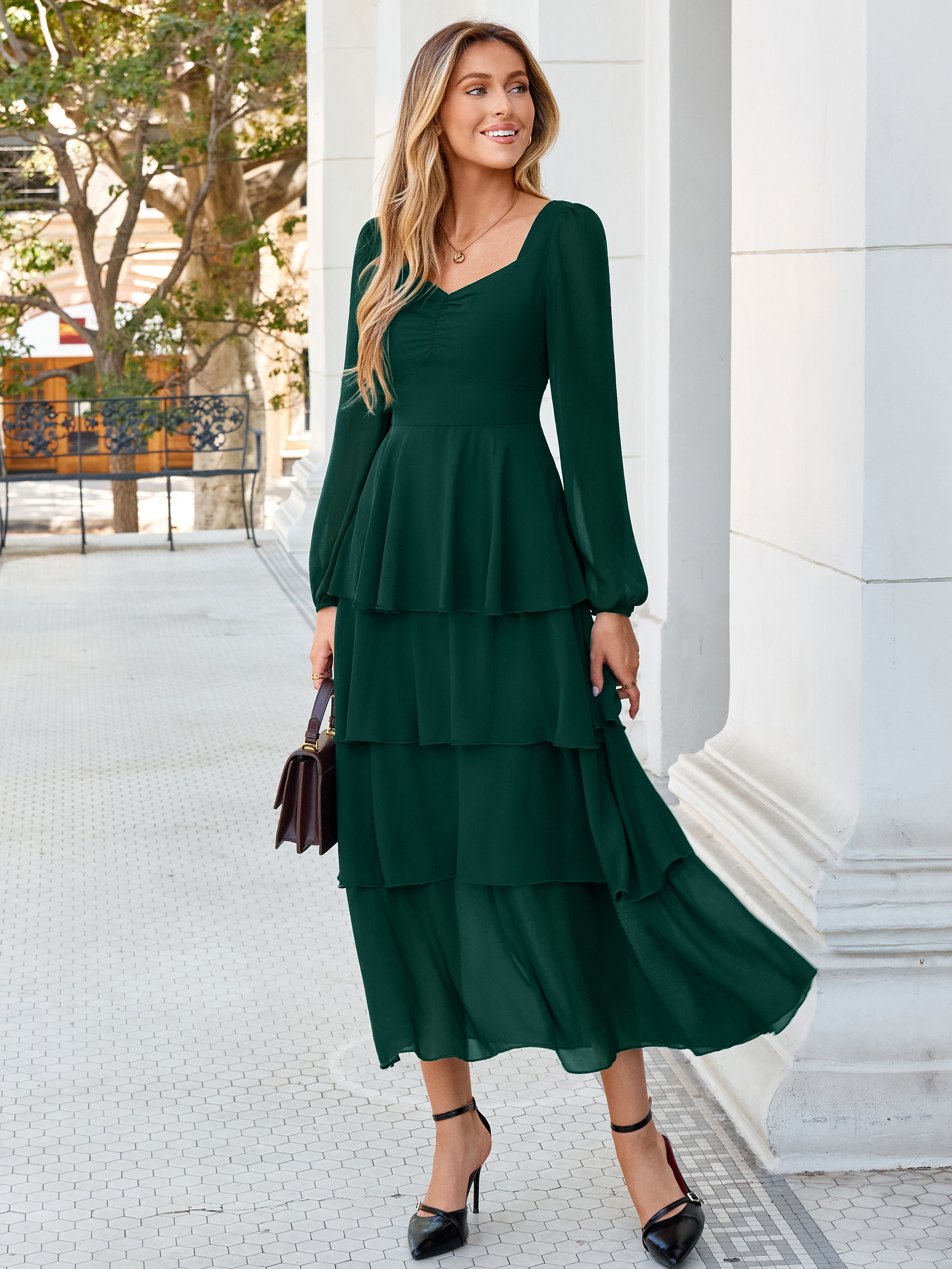Sweetheart Ruched Long Sleeve Tiered Chiffon Maxi Dress