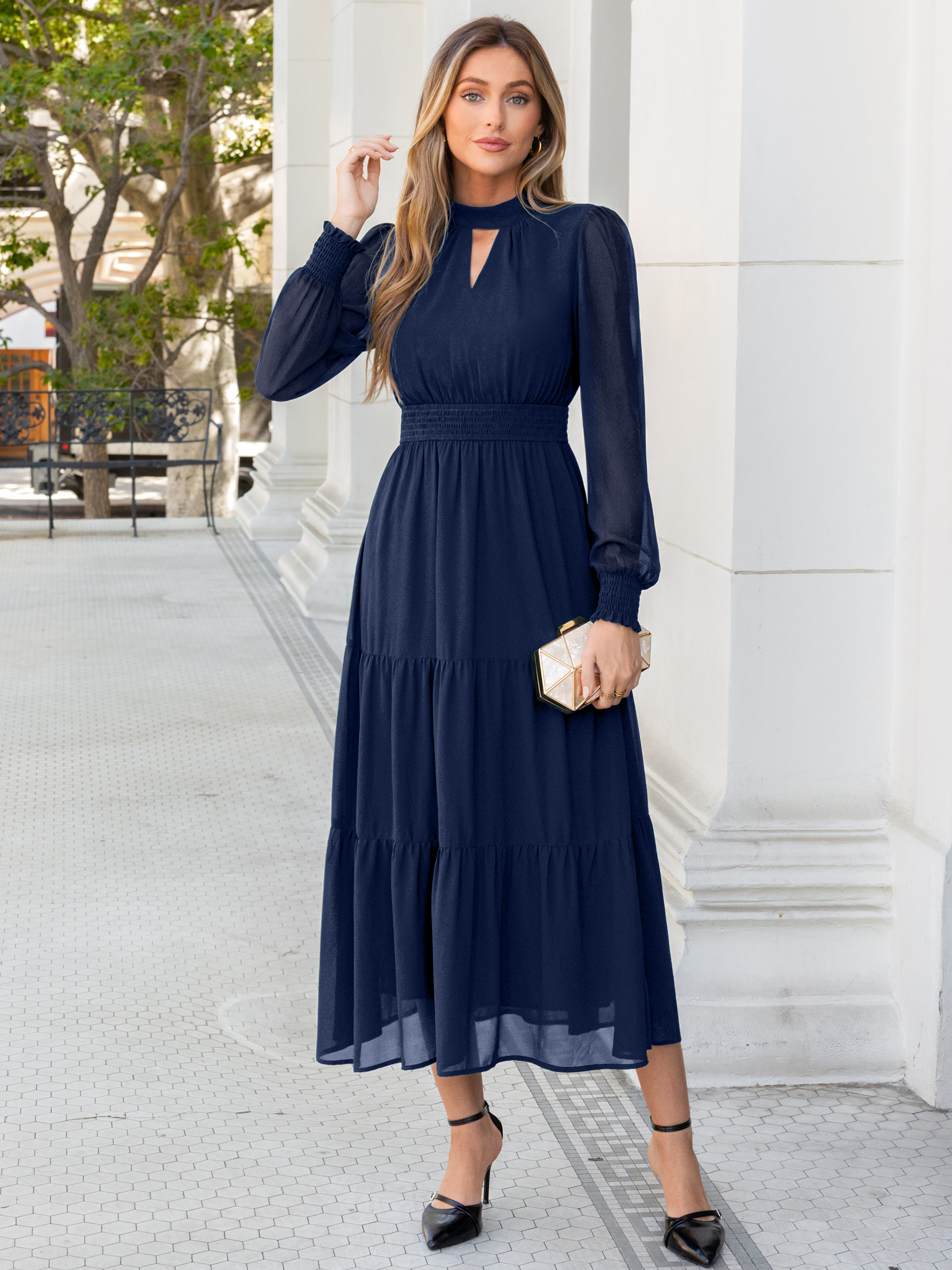 Mock Neck Keyhole Smocked Waist Chiffon Maxi Dress