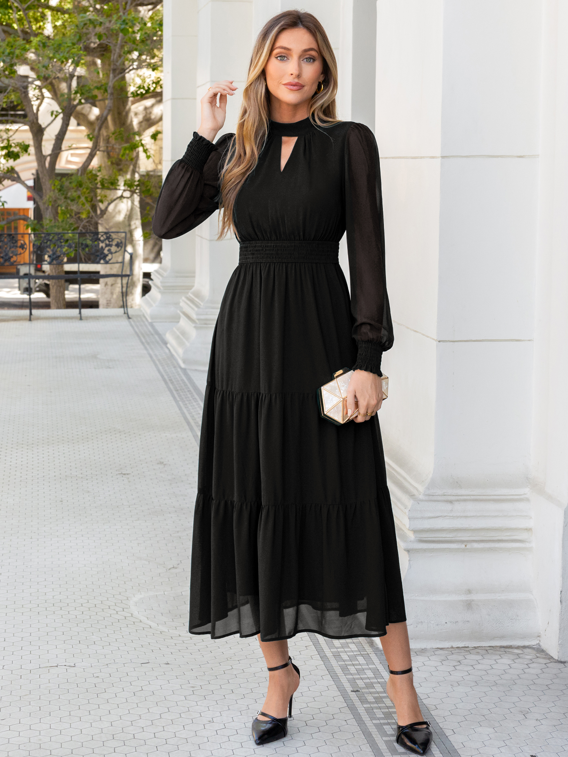 Mock Neck Keyhole Smocked Waist Chiffon Maxi Dress