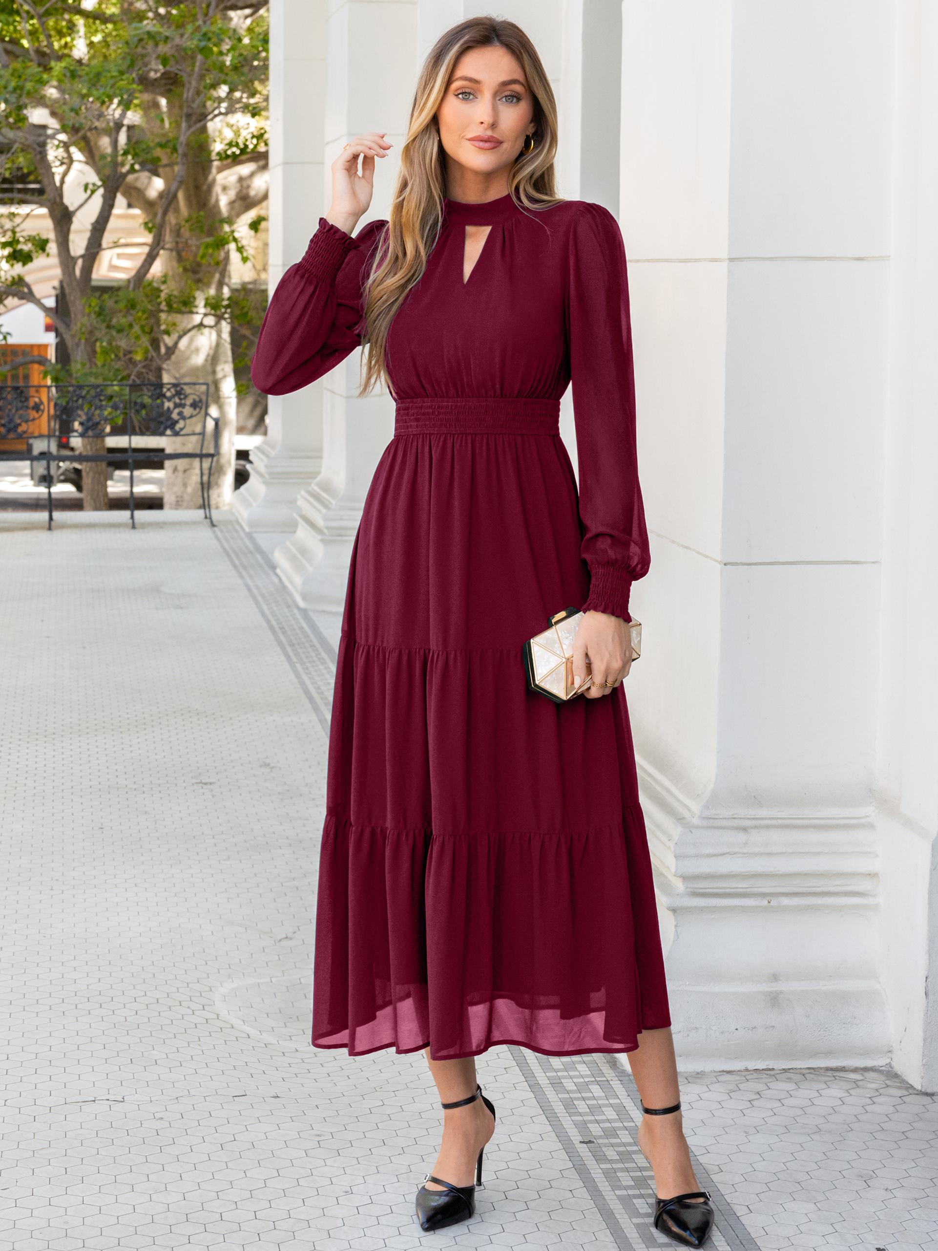 Mock Neck Keyhole Smocked Waist Chiffon Maxi Dress