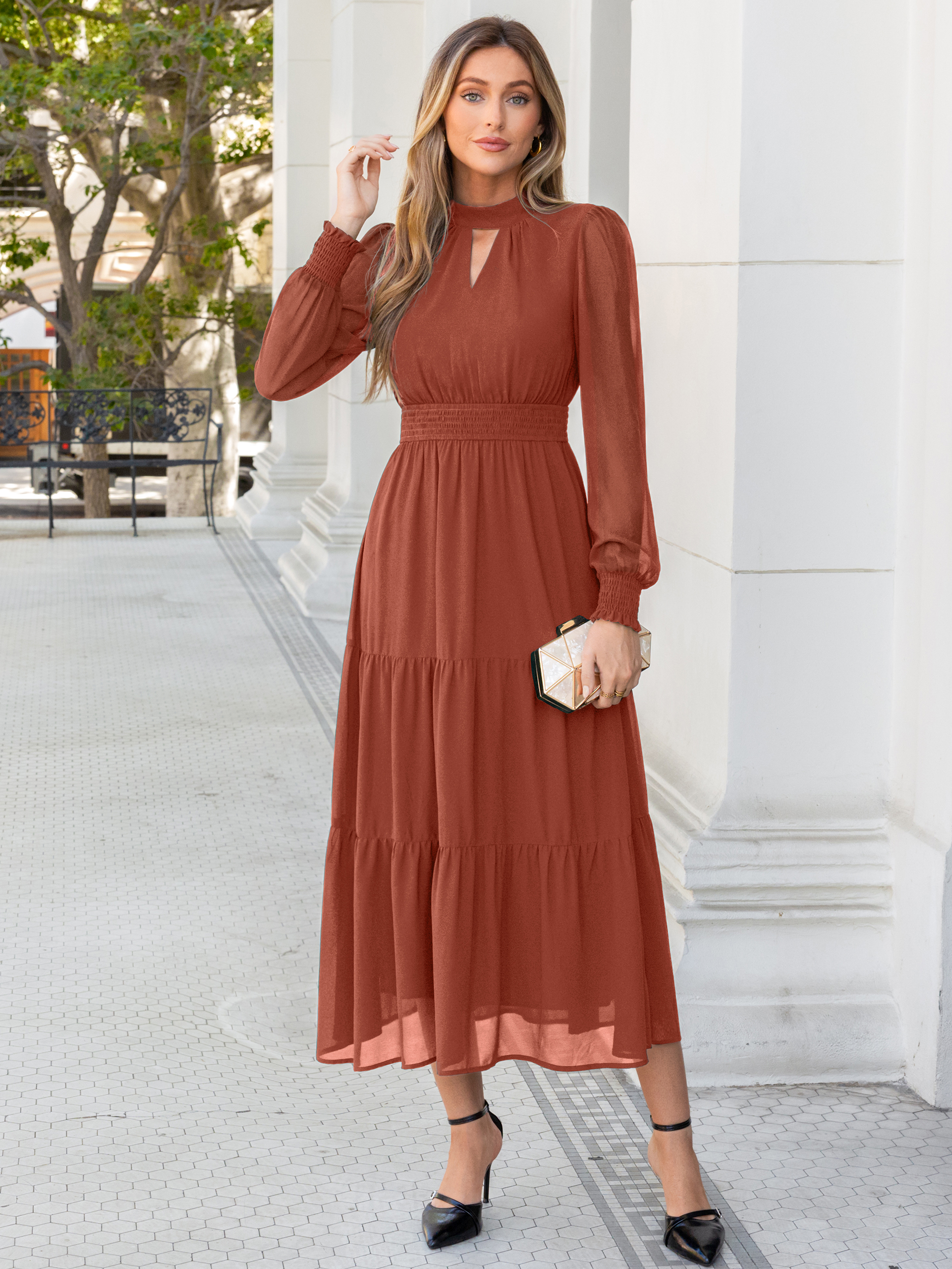 Mock Neck Keyhole Smocked Waist Chiffon Maxi Dress