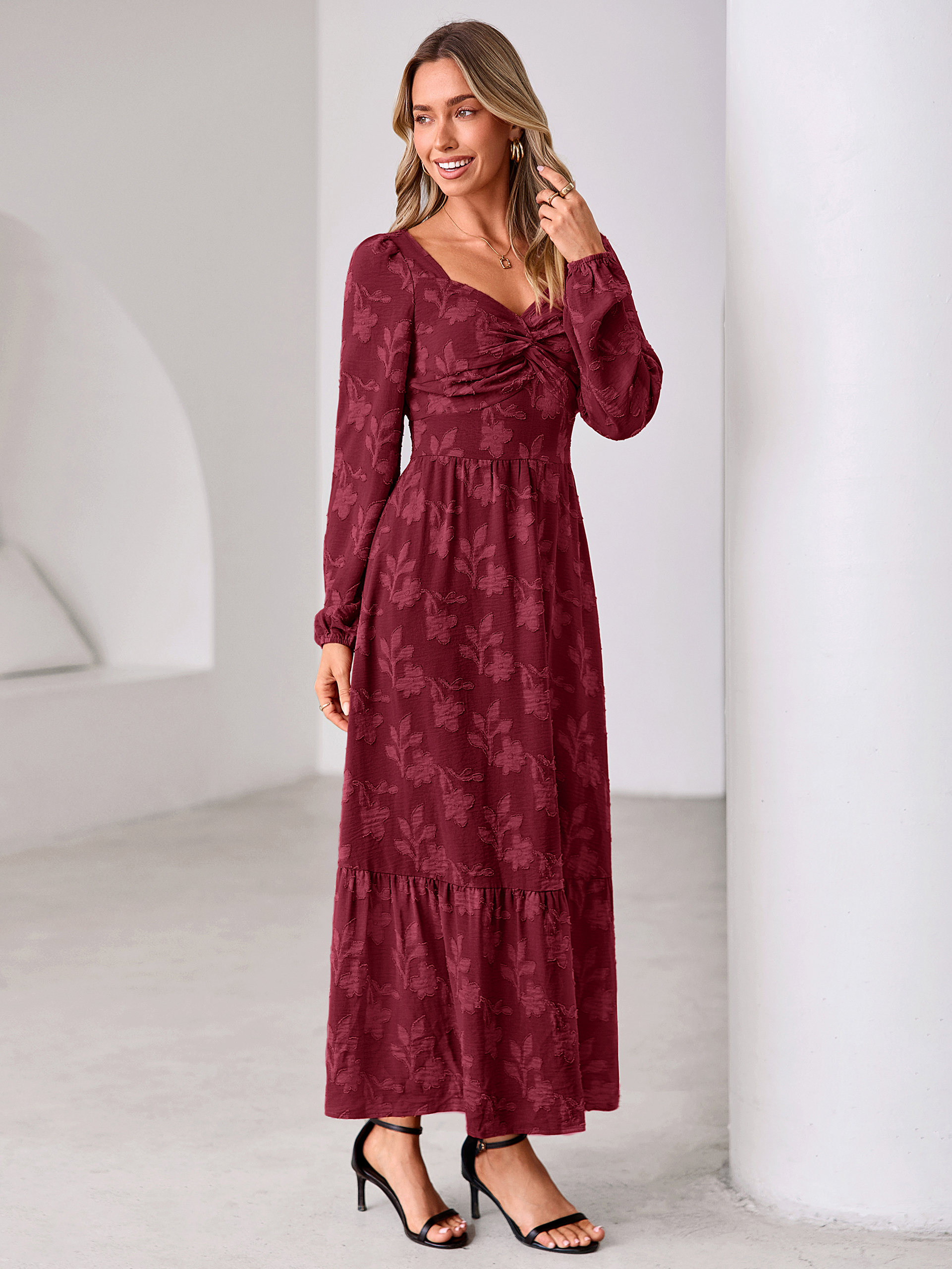 Burnout Floral Print Twist Front Long Sleeve Maxi Dress