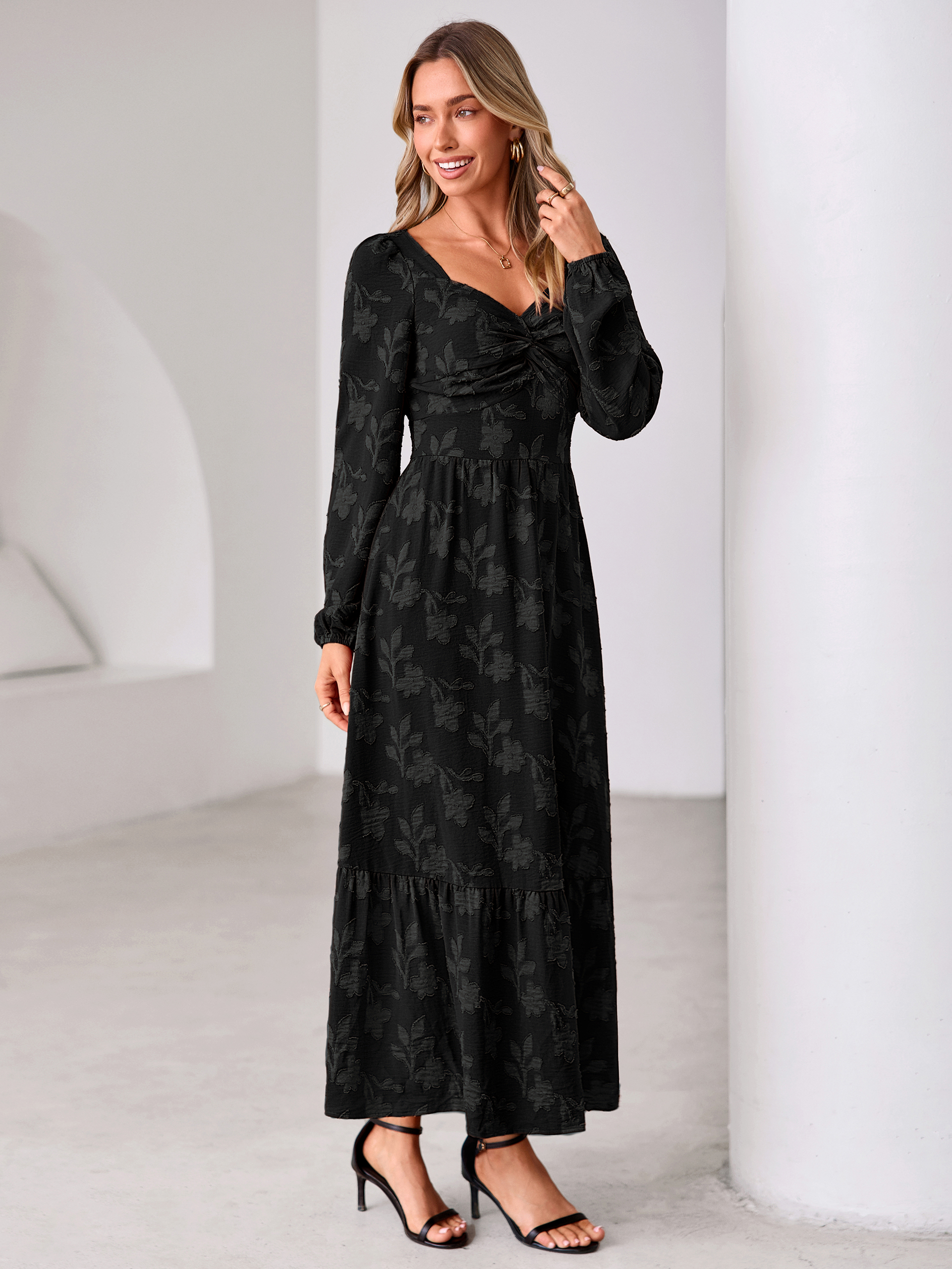 Burnout Floral Print Twist Front Long Sleeve Maxi Dress