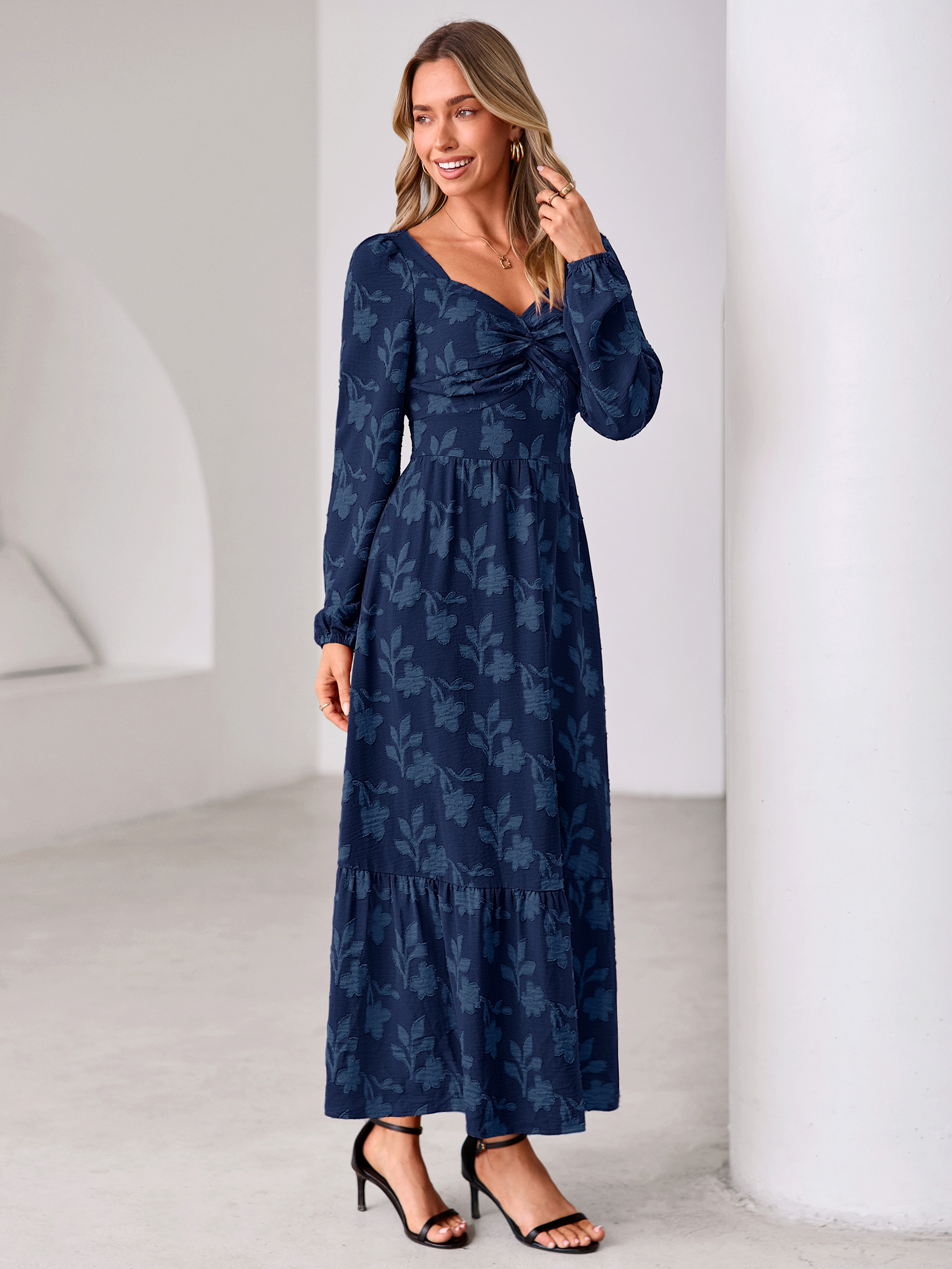 Burnout Floral Print Twist Front Long Sleeve Maxi Dress