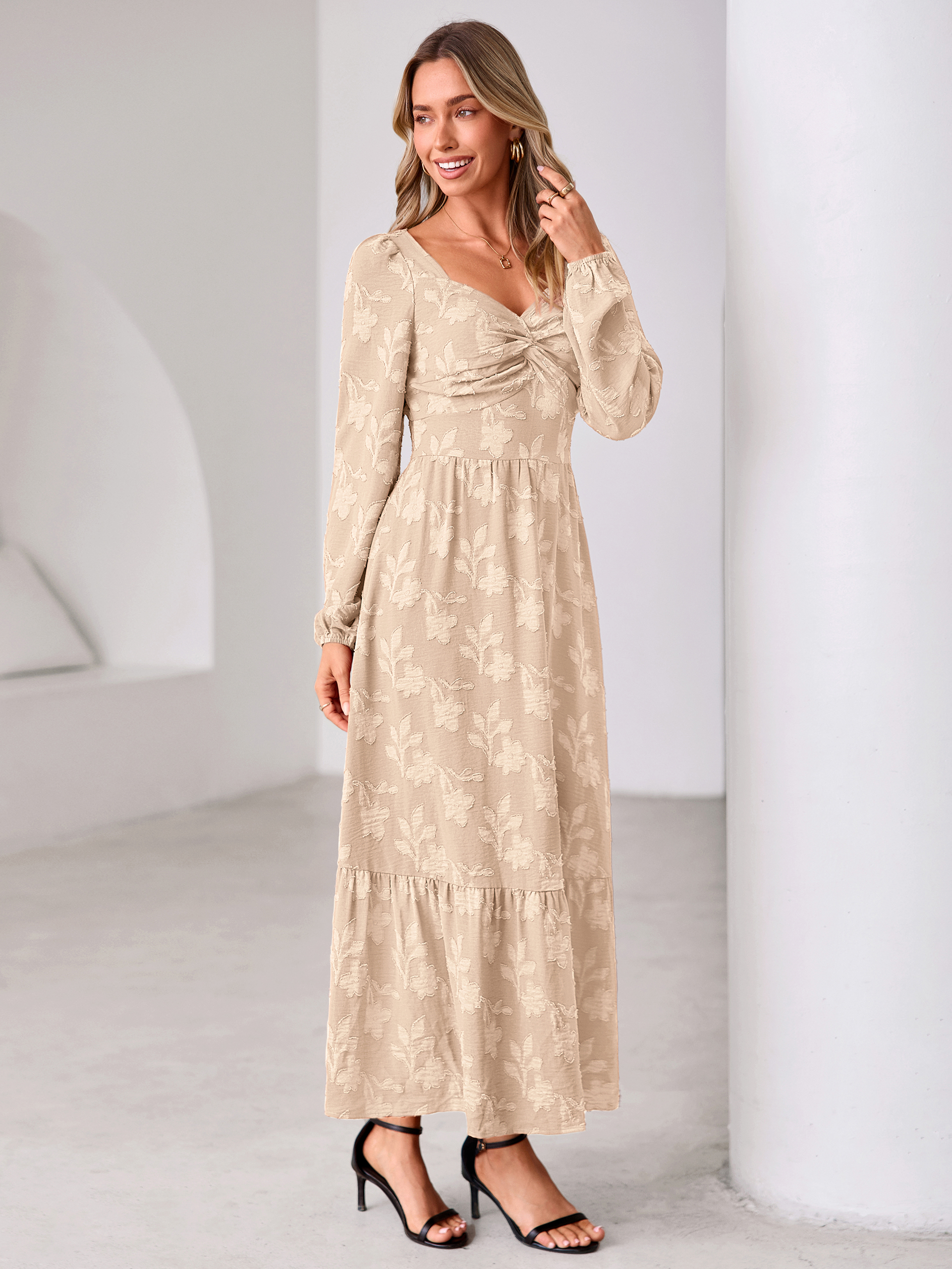 Burnout Floral Print Twist Front Long Sleeve Maxi Dress