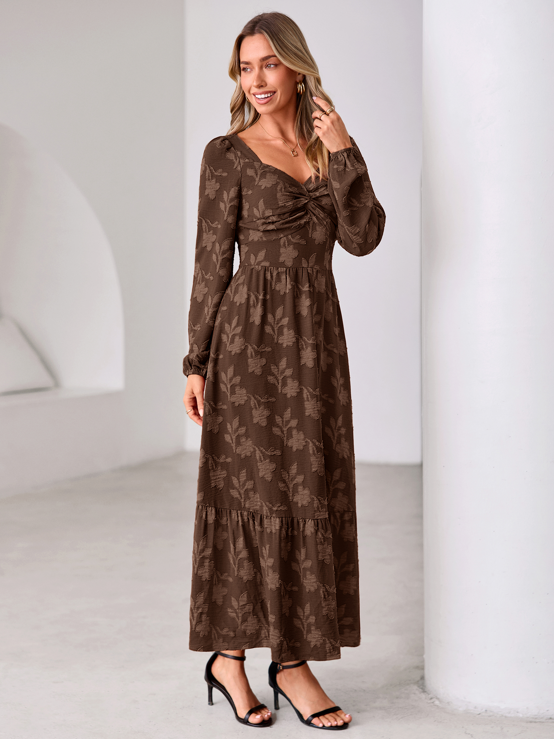 Burnout Floral Print Twist Front Long Sleeve Maxi Dress
