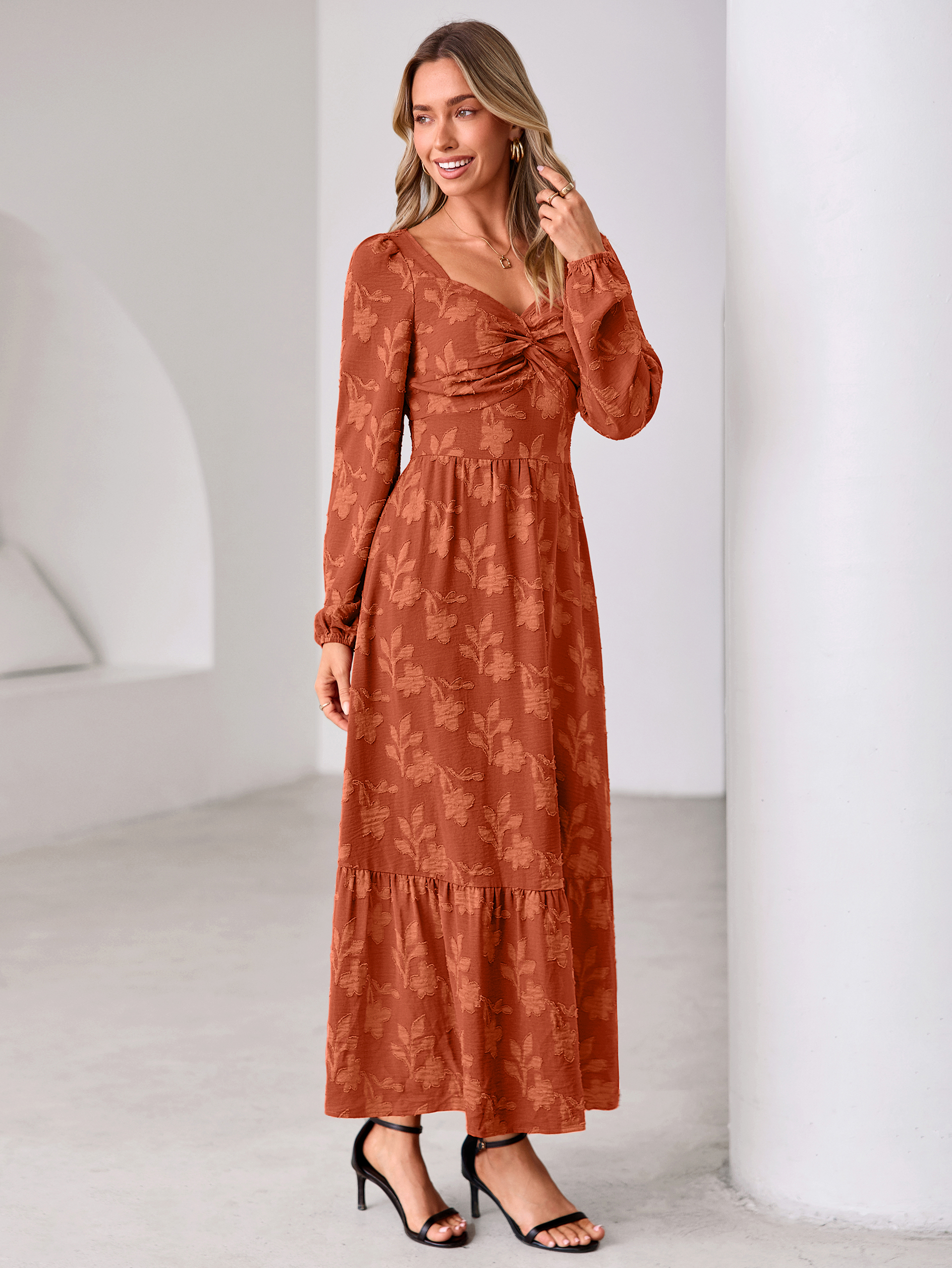 Burnout Floral Print Twist Front Long Sleeve Maxi Dress