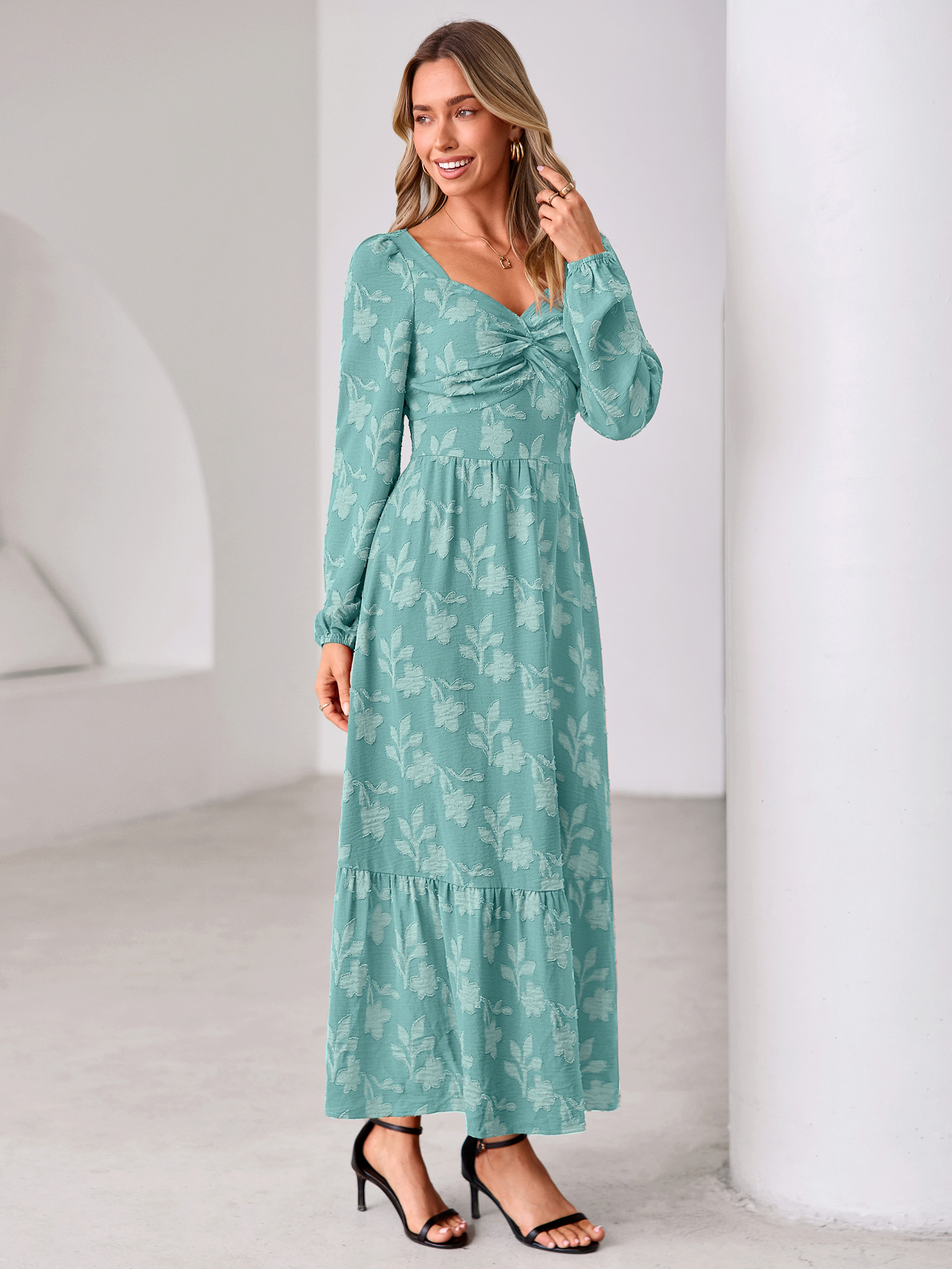 Burnout Floral Print Twist Front Long Sleeve Maxi Dress