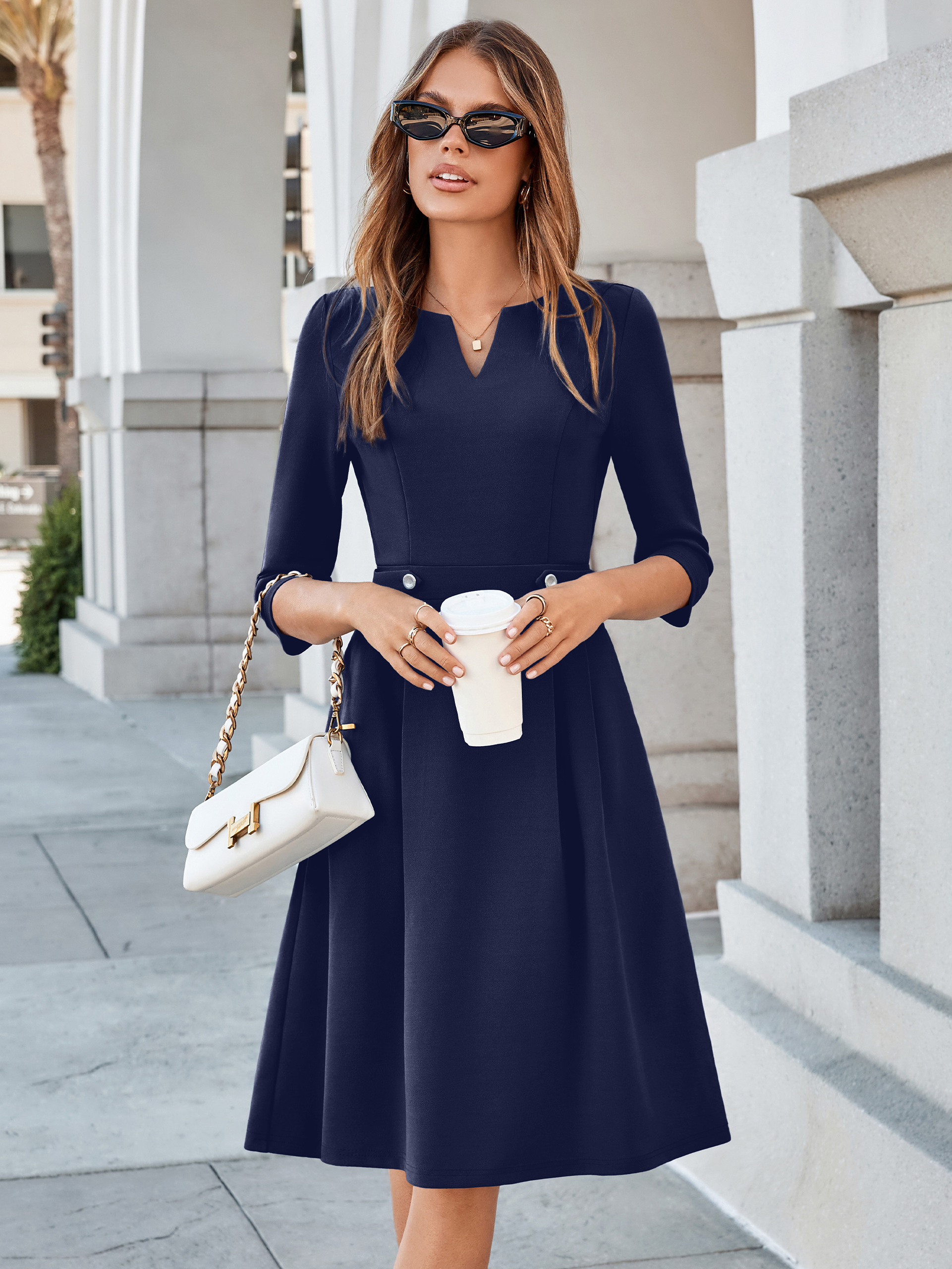 Notched V-Neck 3/4 Sleeve A-Line Business Midi Dress