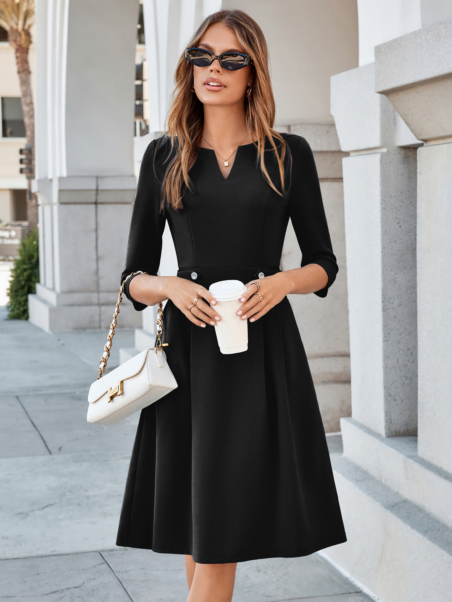 Notched V-Neck 3/4 Sleeve A-Line Business Midi Dress