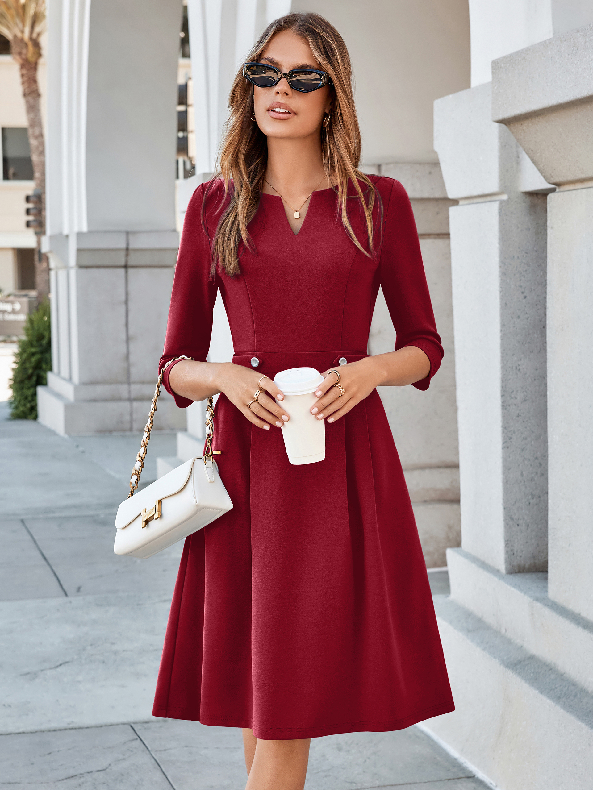 Notched V-Neck 3/4 Sleeve A-Line Business Midi Dress