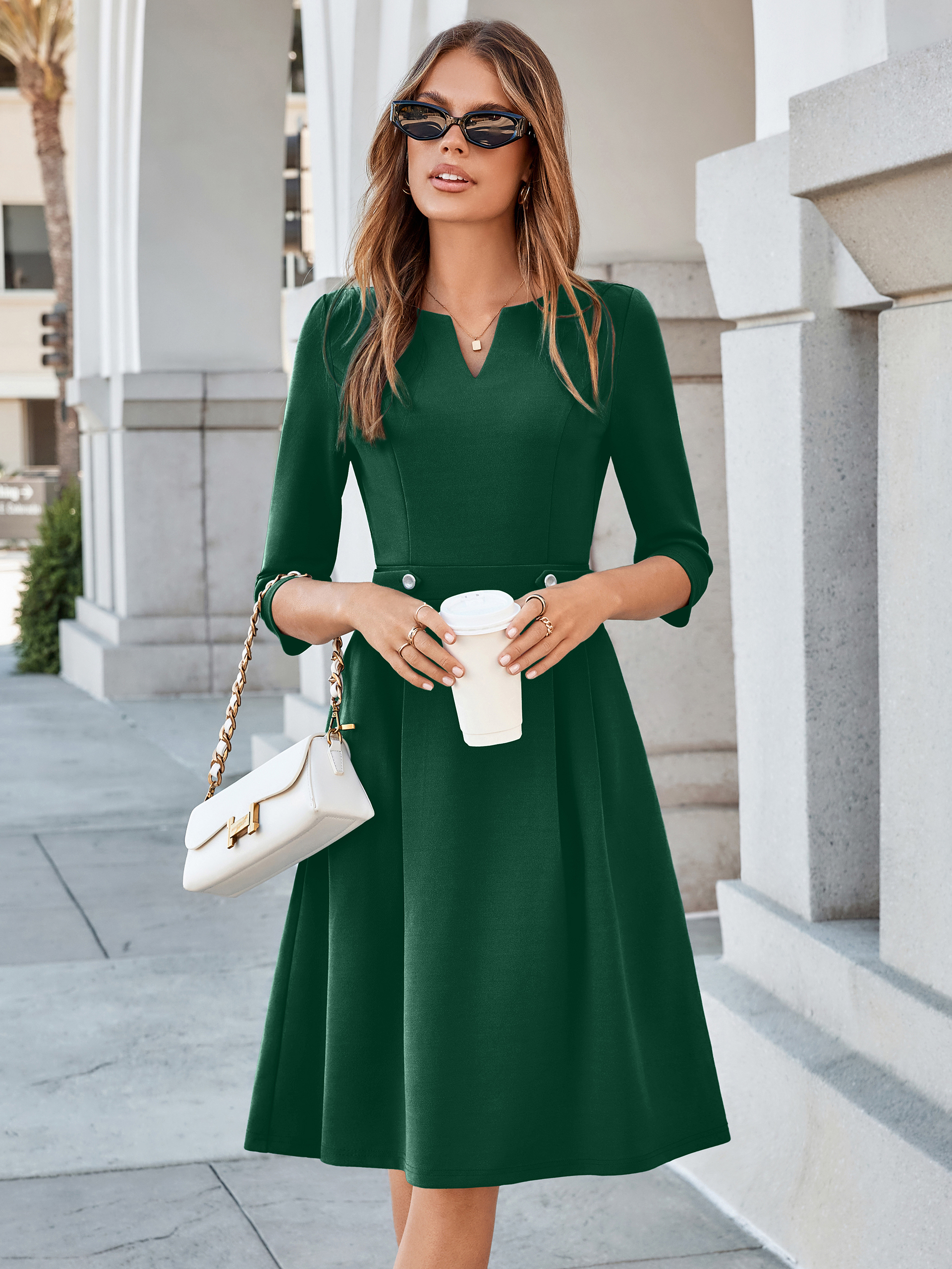 Notched V-Neck 3/4 Sleeve A-Line Business Midi Dress