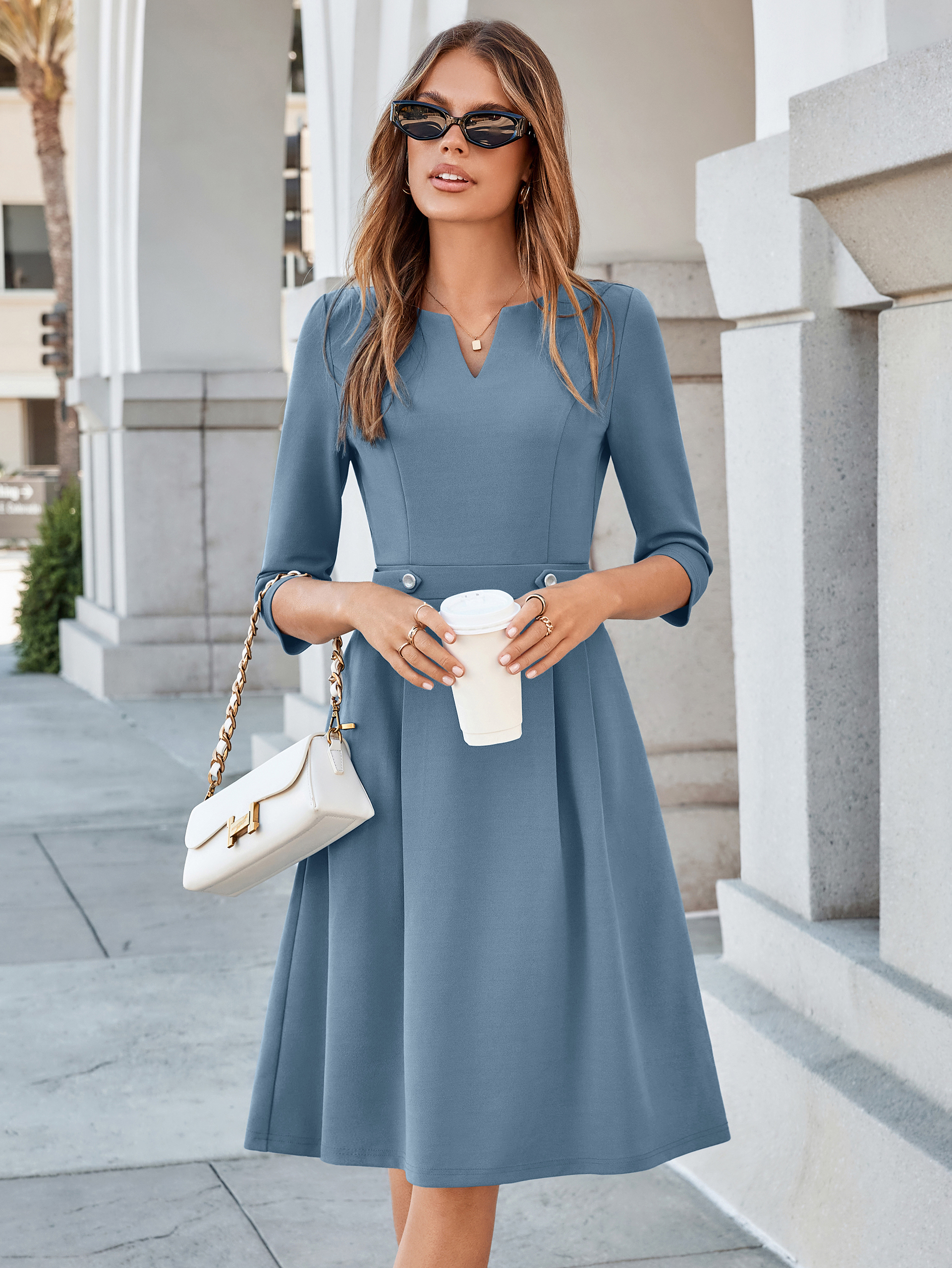 Notched V-Neck 3/4 Sleeve A-Line Business Midi Dress
