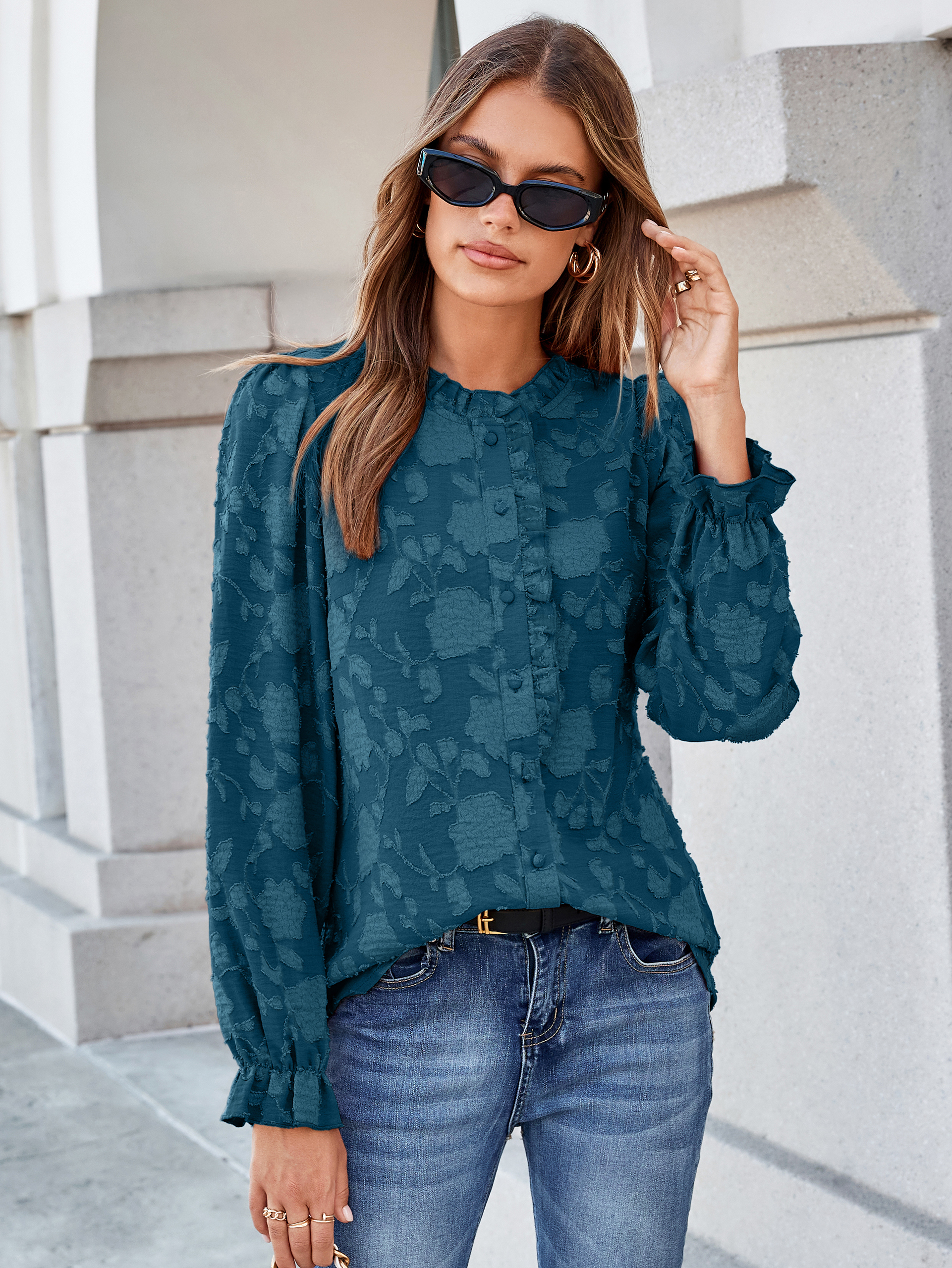 Frilled Ruffle Trim Burnout Floral Long Sleeve Blouse