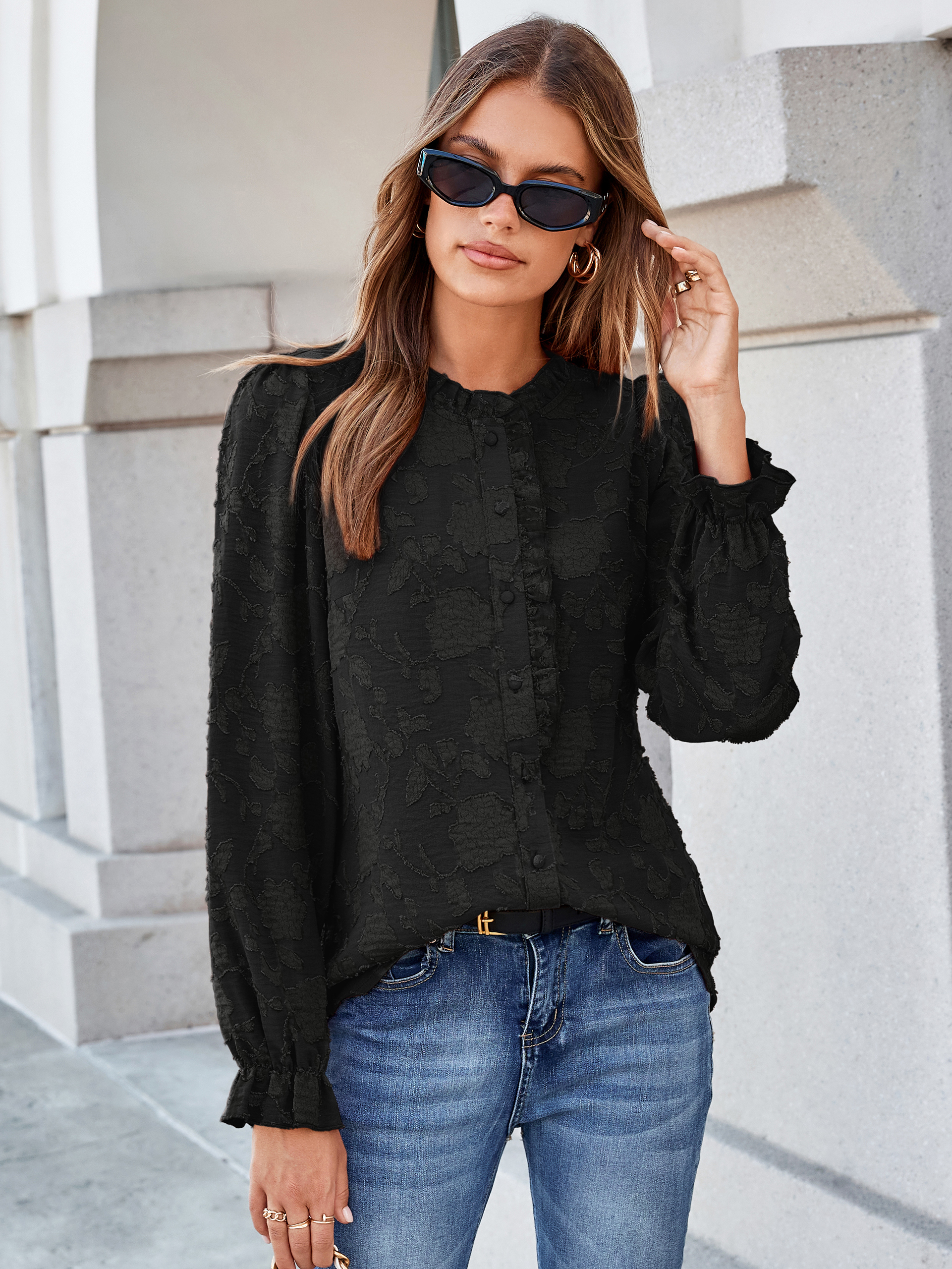 Frilled Ruffle Trim Burnout Floral Long Sleeve Blouse