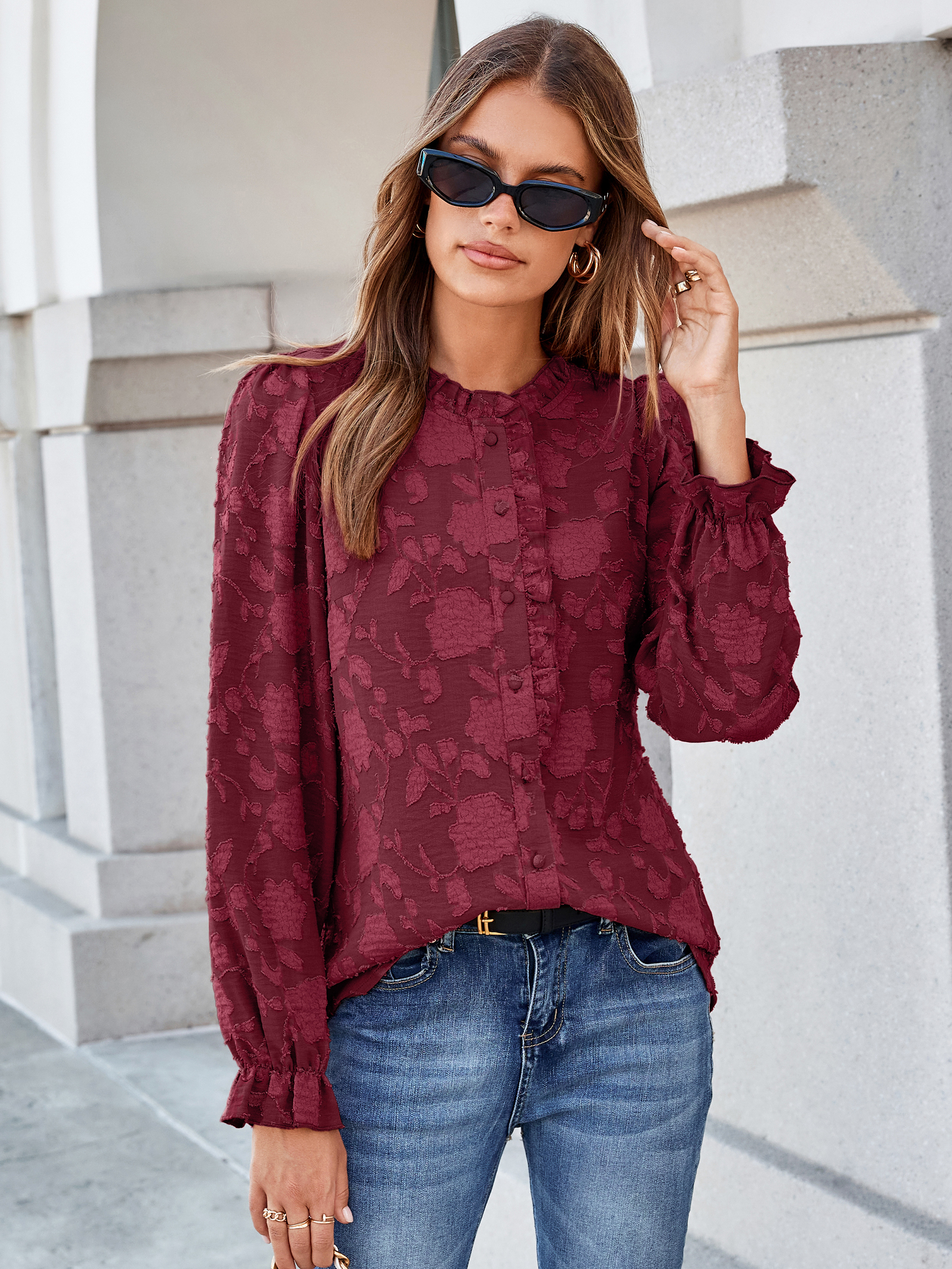 Frilled Ruffle Trim Burnout Floral Long Sleeve Blouse
